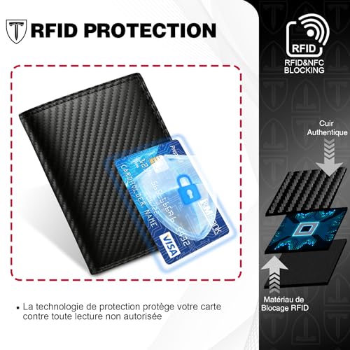 Detalle de TEEHON Portefeuille Vertical en Cuir Carbone RFID – 11 emplacements, 2 fenêtres et 3 volets