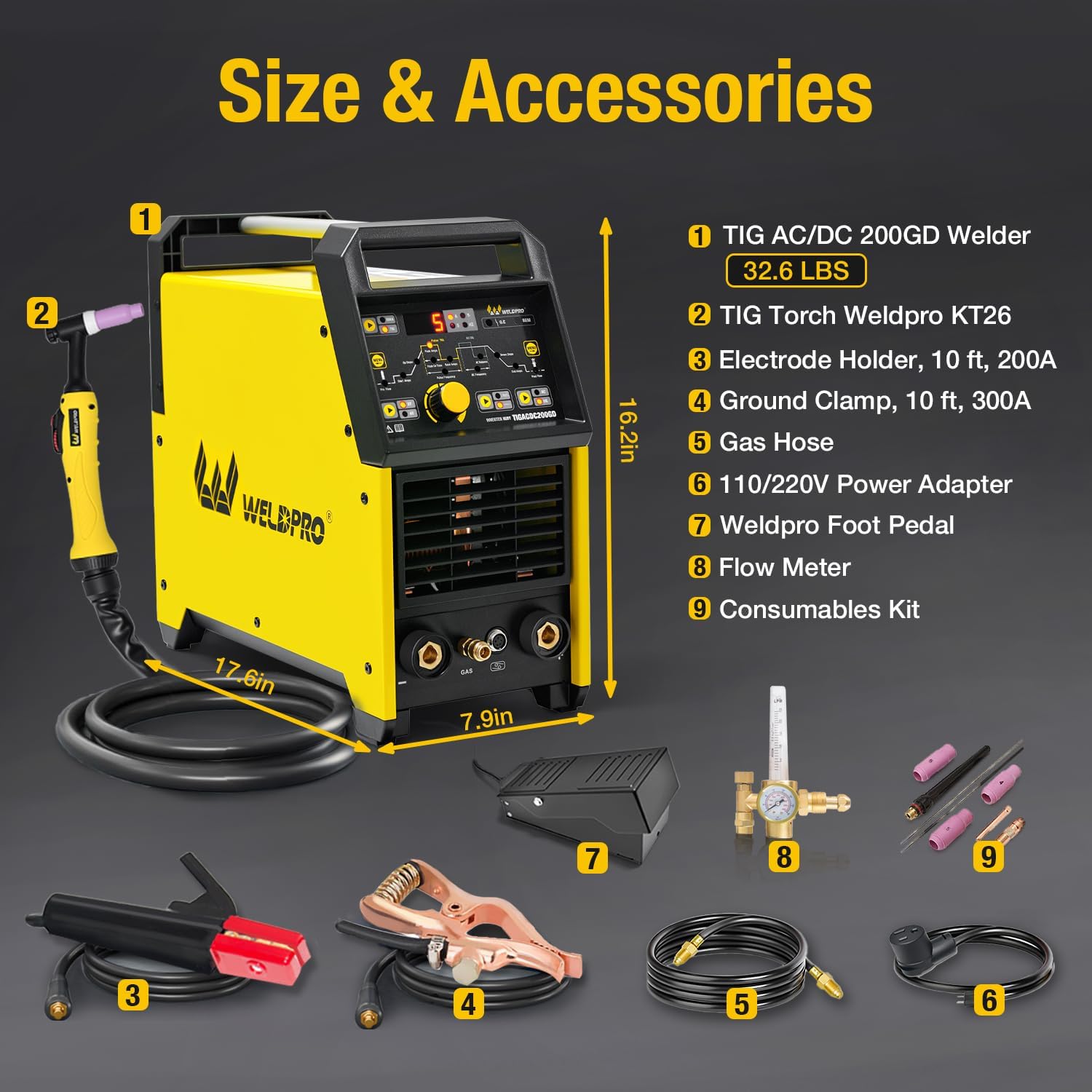 Thumbnail 6 de Weldpro 200A AC/DC TIG Welder with Pulse — 5-in-1 Multiprocess (AC/DC TIG, AC/DC Pulse TIG, Stick) with 110V/220V Dual Voltage