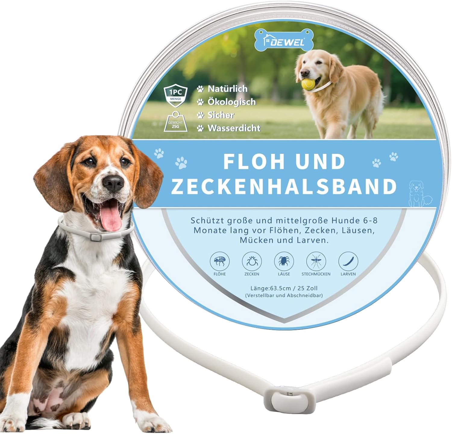 DEWEL Zeckenhalsband für Hunde – wasserdicht, verstellbar (bis 63,5 cm) mit ätherischen Ölen – Schutz für 8 Monate (weiß)
