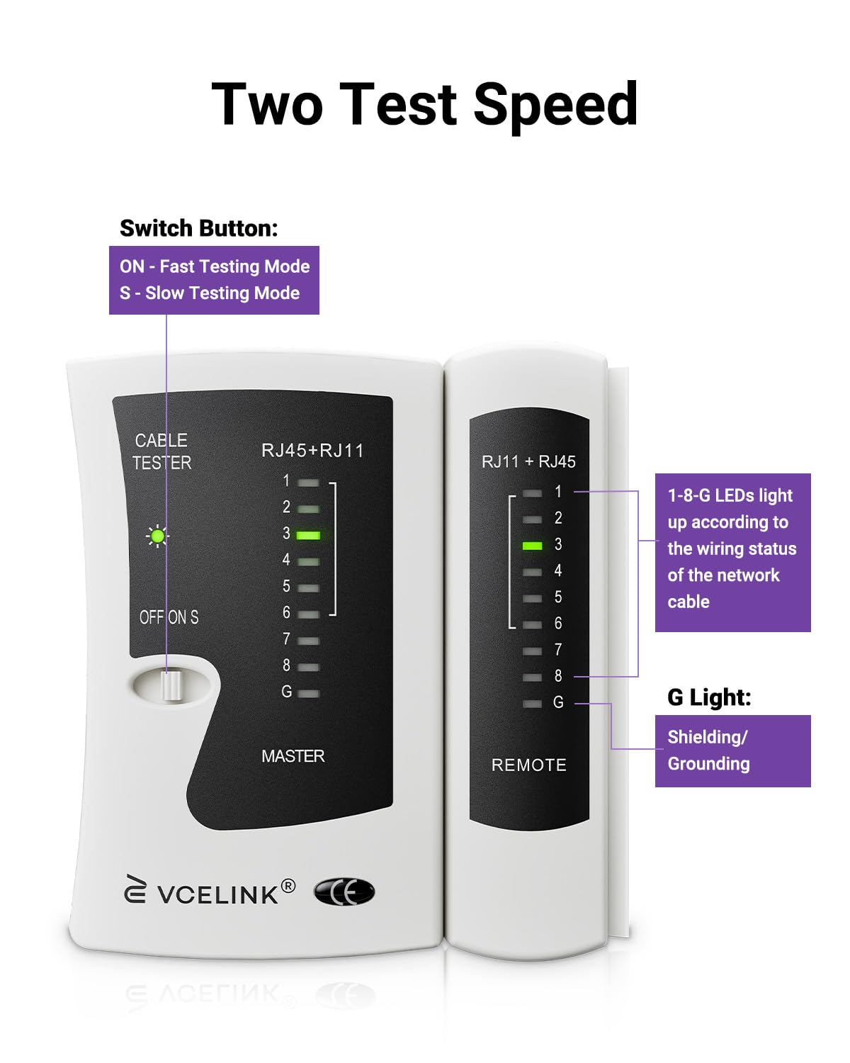 Detalle de VCELINK GJ468 Network Cable Tester – RJ45/RJ11 for Cat5–Cat7, practical tester for wiring you can trust