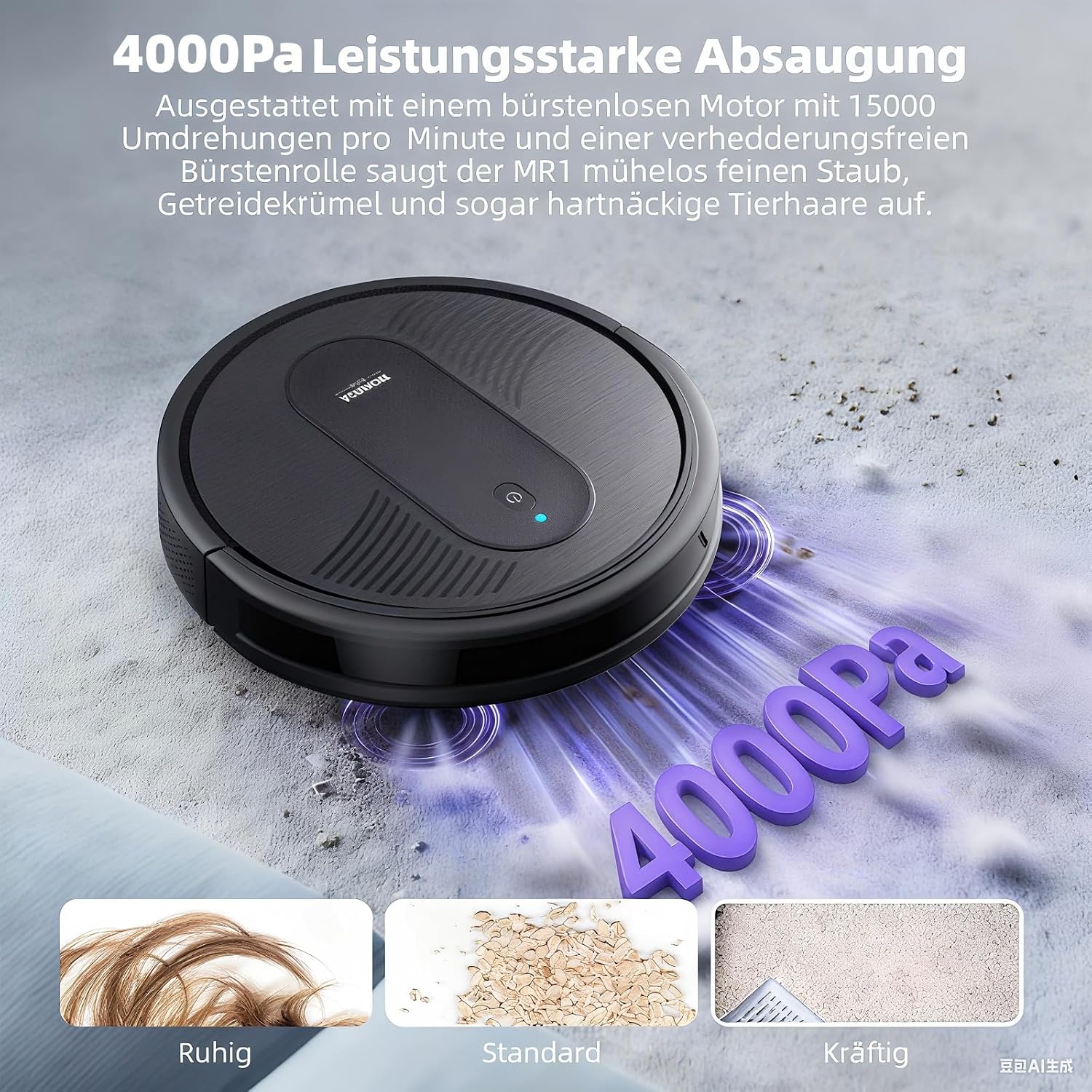 Detalle de MONSGA Saugroboter mit Wischfunktion 4000PA – 3-in-1, App-Steuerung, 140 Min Laufzeit