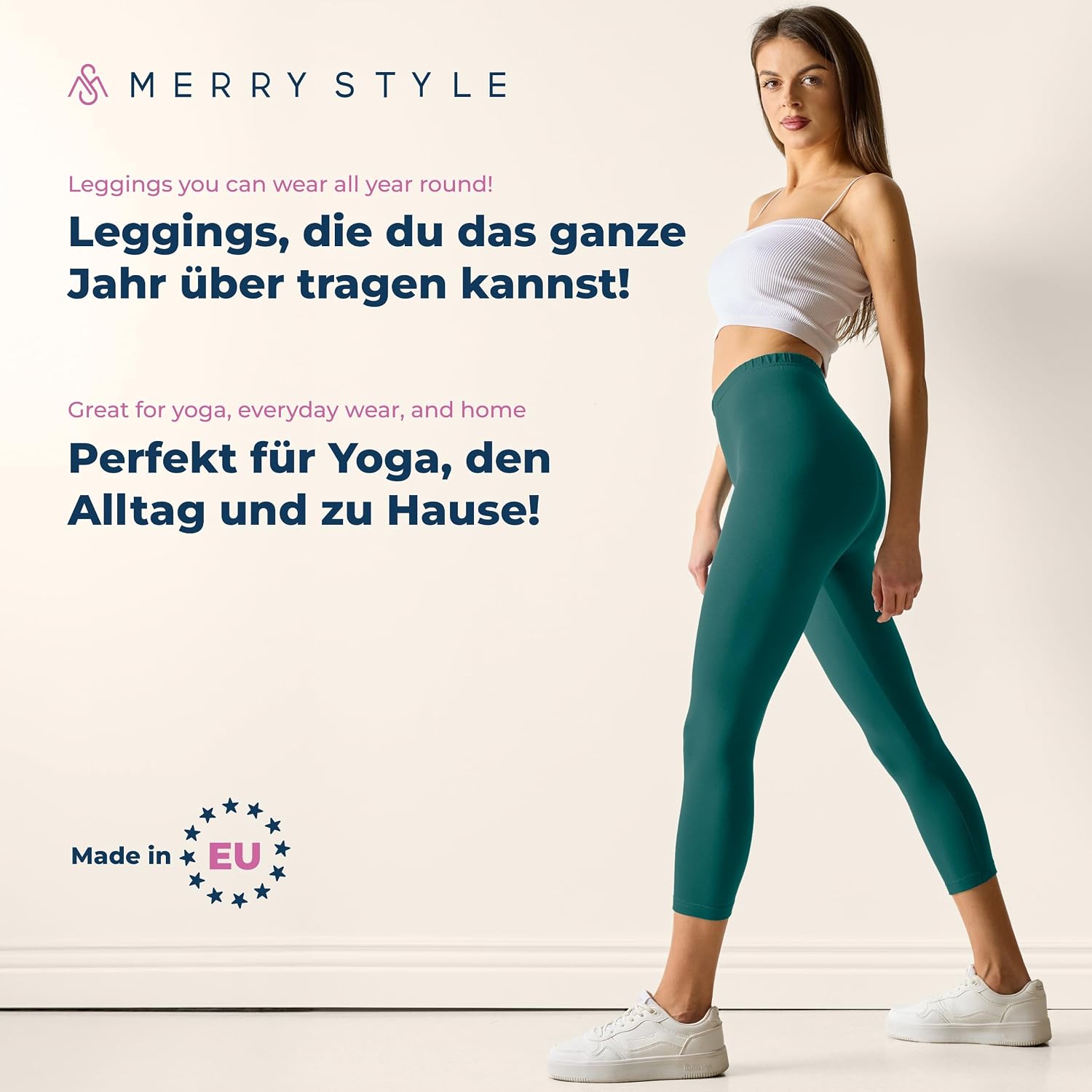 Detalle de Merry Style Damen 3/4 Leggings aus Baumwolle mit Stretch – Capri-Leggings, High Waist, atmungsaktiv