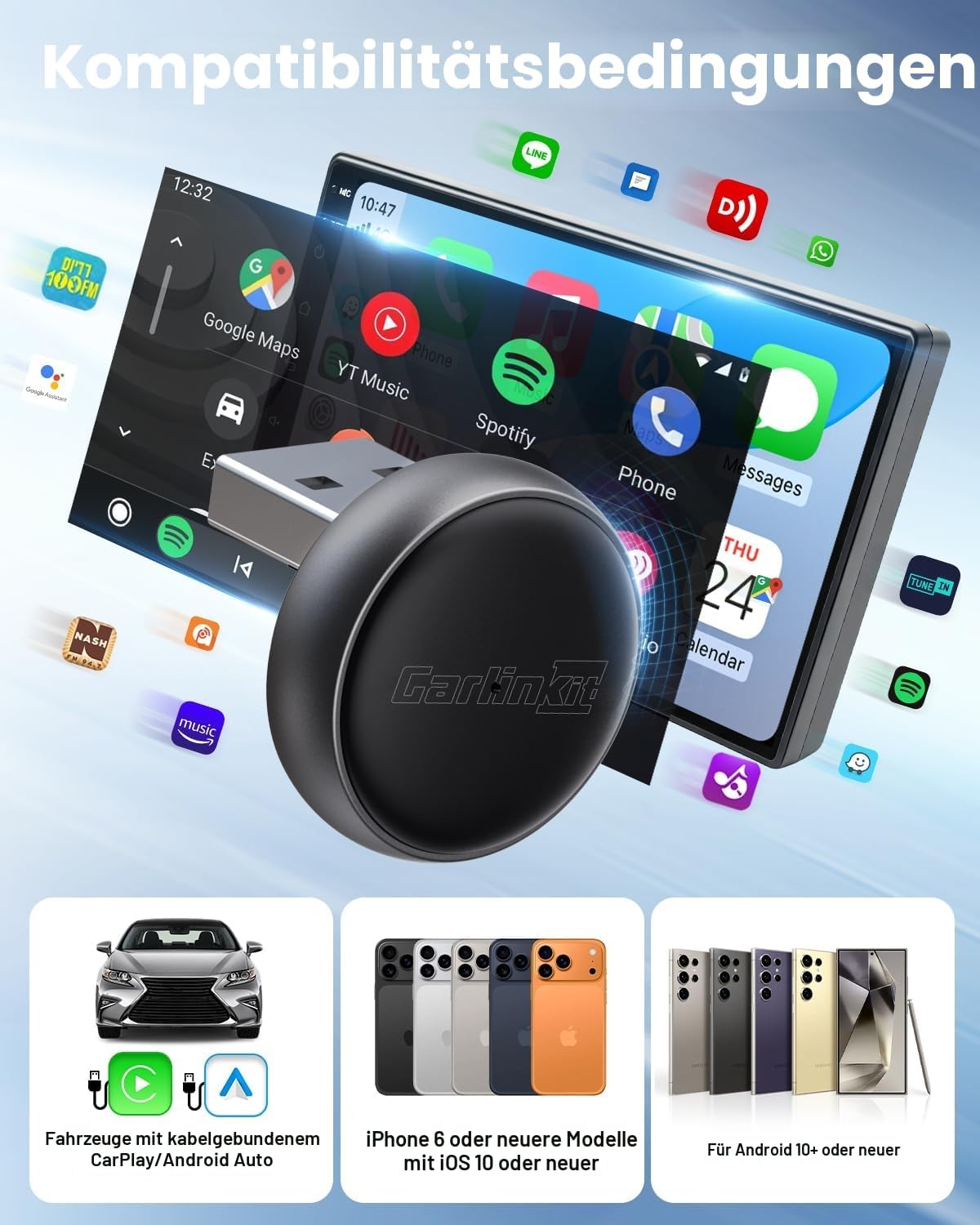 Detalle de CarlinKit MINI Ultra3 kabelloser CarPlay- und Android-Auto-Adapter (Plug-and-Play)