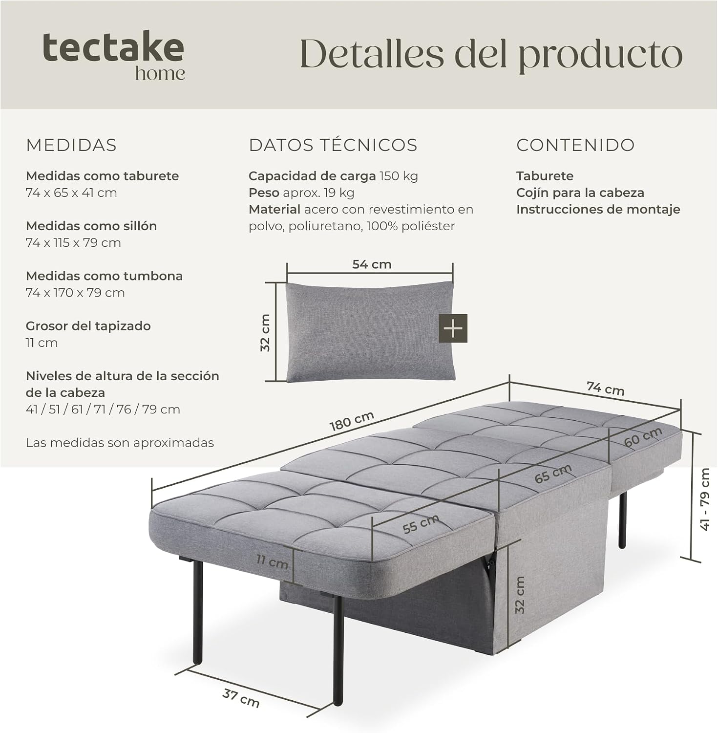 Detalle de tectake 4 en 1 Sillón cama plegable 150 kg