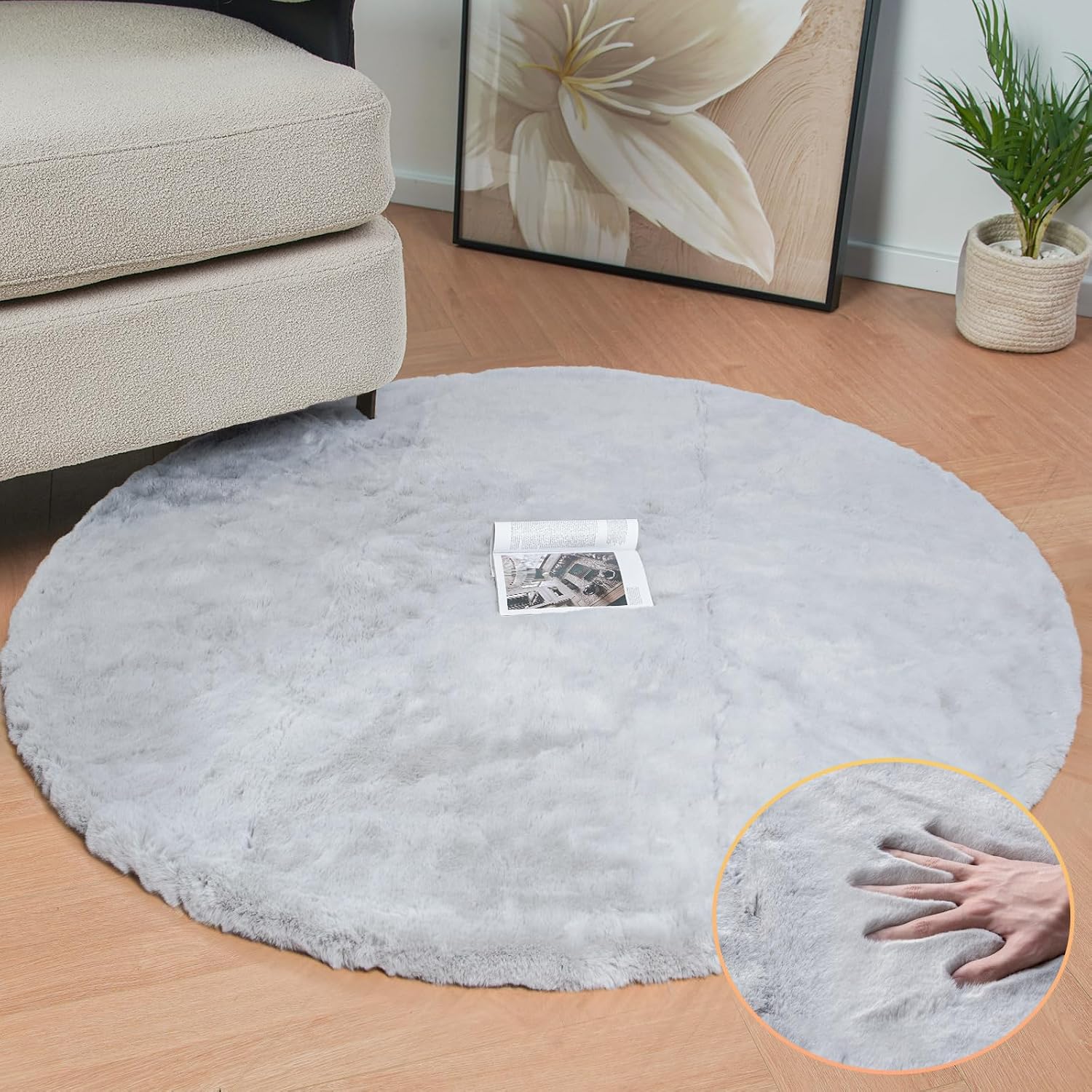 Thumbnail 2 de ORINOVA Runder Teppich Grau Flauschig – 90 cm Kunstfell Teppich, Rund, Waschbar