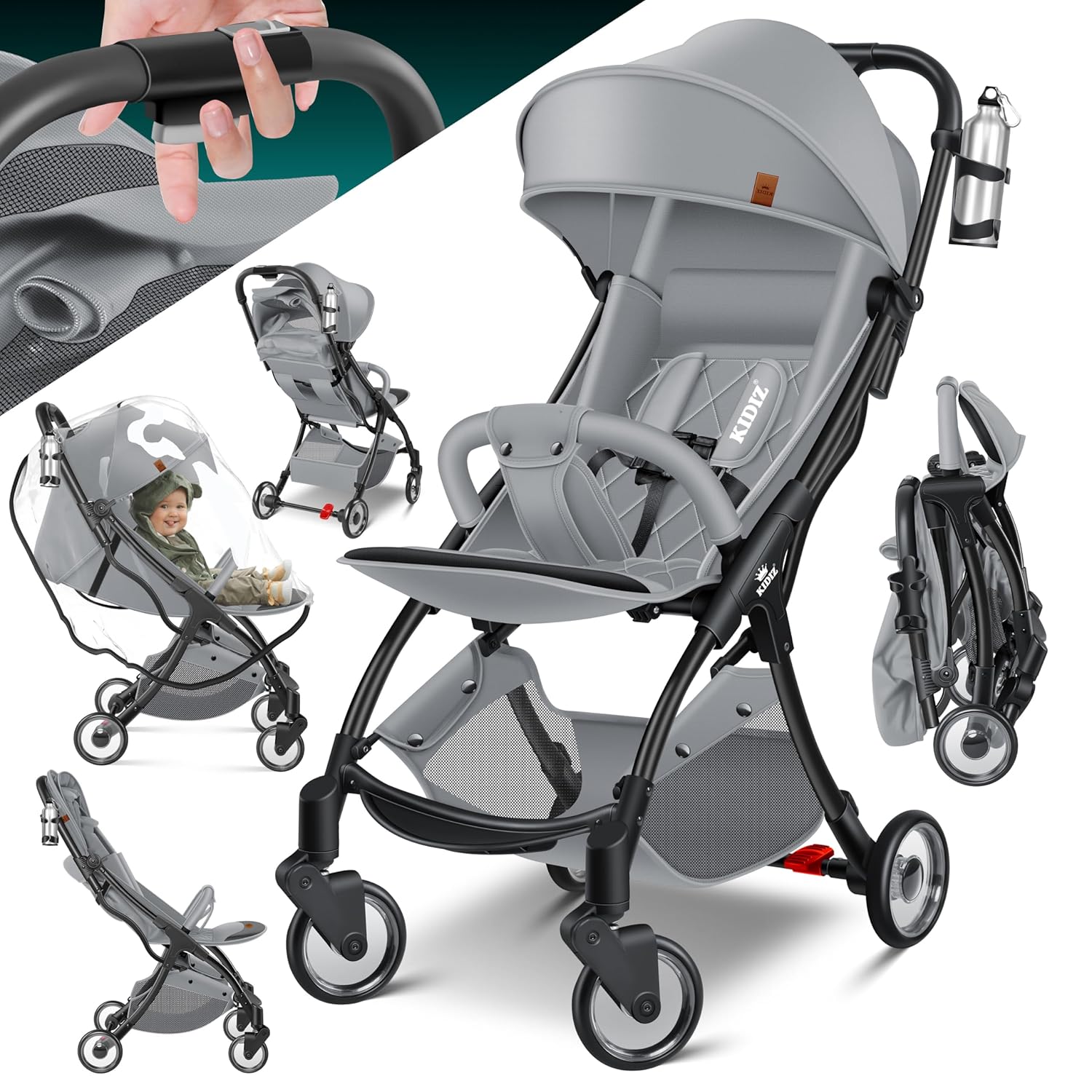 KIDIZ® Premium Kinderwagen – kompakter, faltbarer Liegebuggy mit 360° Rädern, 5-Punkt-Gurt & Regenabdeckung