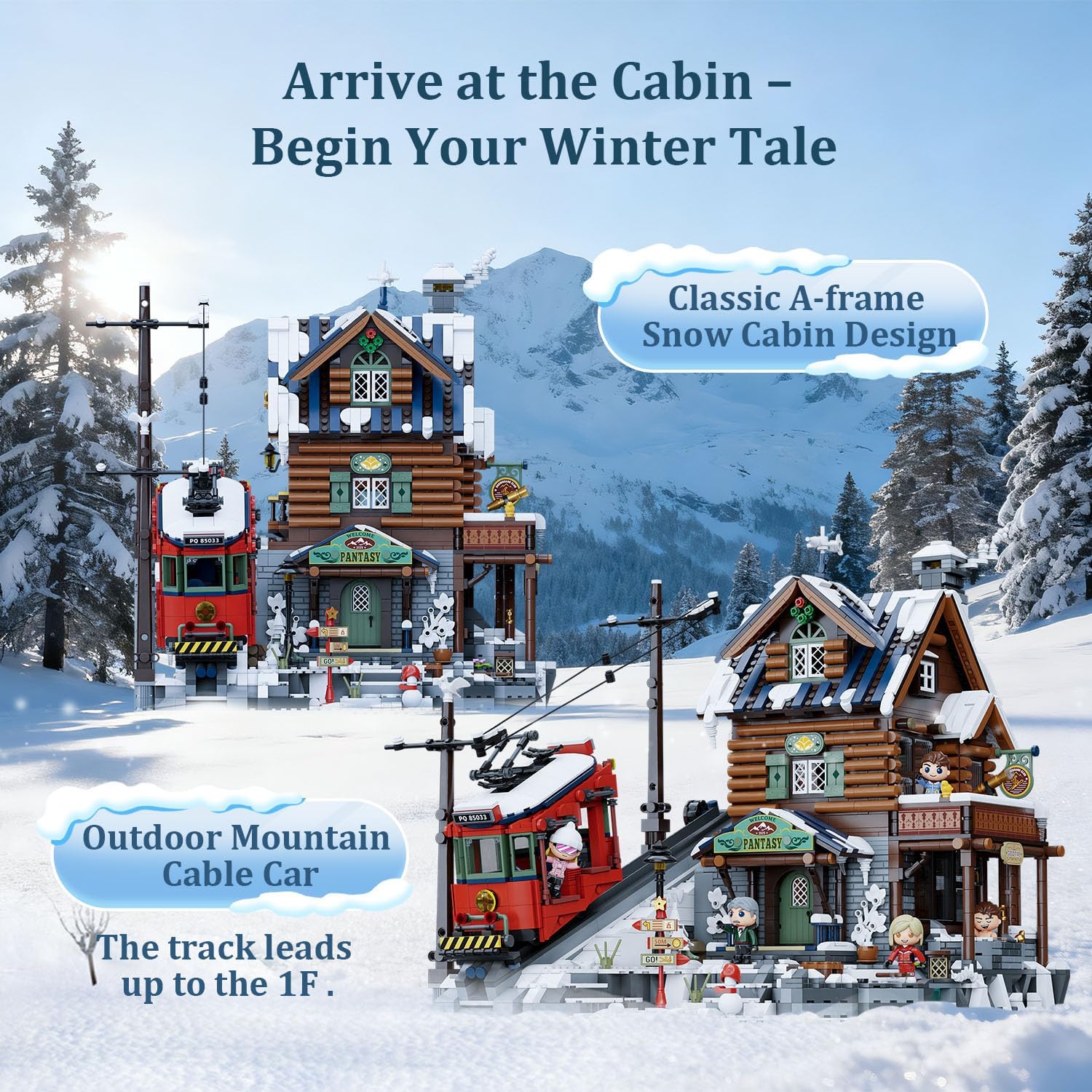 Detalle de PANTASY Winter Ski Lodge Bauset – 3-stöckige Alpenlodge mit Seilbahn, Eishöhle & Minifiguren