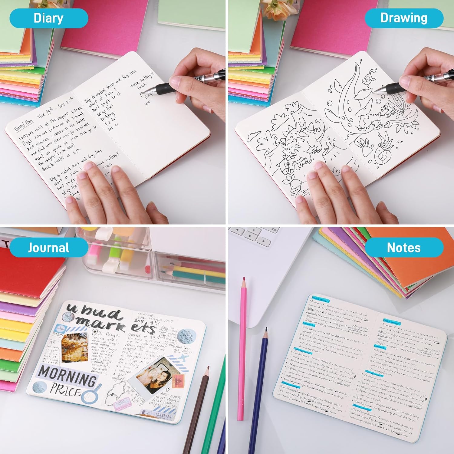 Detalle de JIANTA 24 Quaderni A6 Vuoti con Copertina Kraft Arcobaleno – Set da Viaggio e Studio