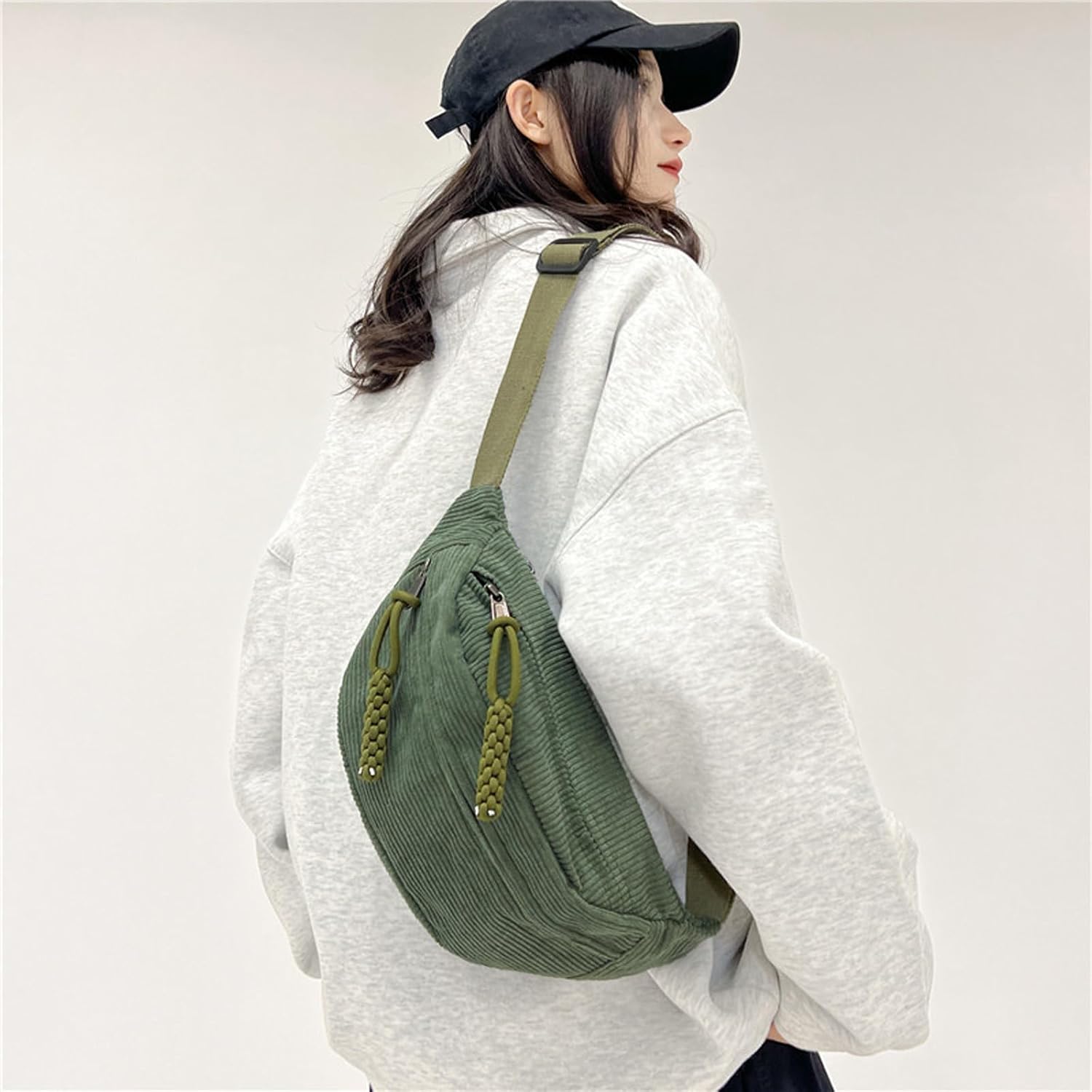 Detalle de Cord Umhängetasche Damen – Grün, vielseitige Bauchtasche mit 34 × 15 × 11 cm