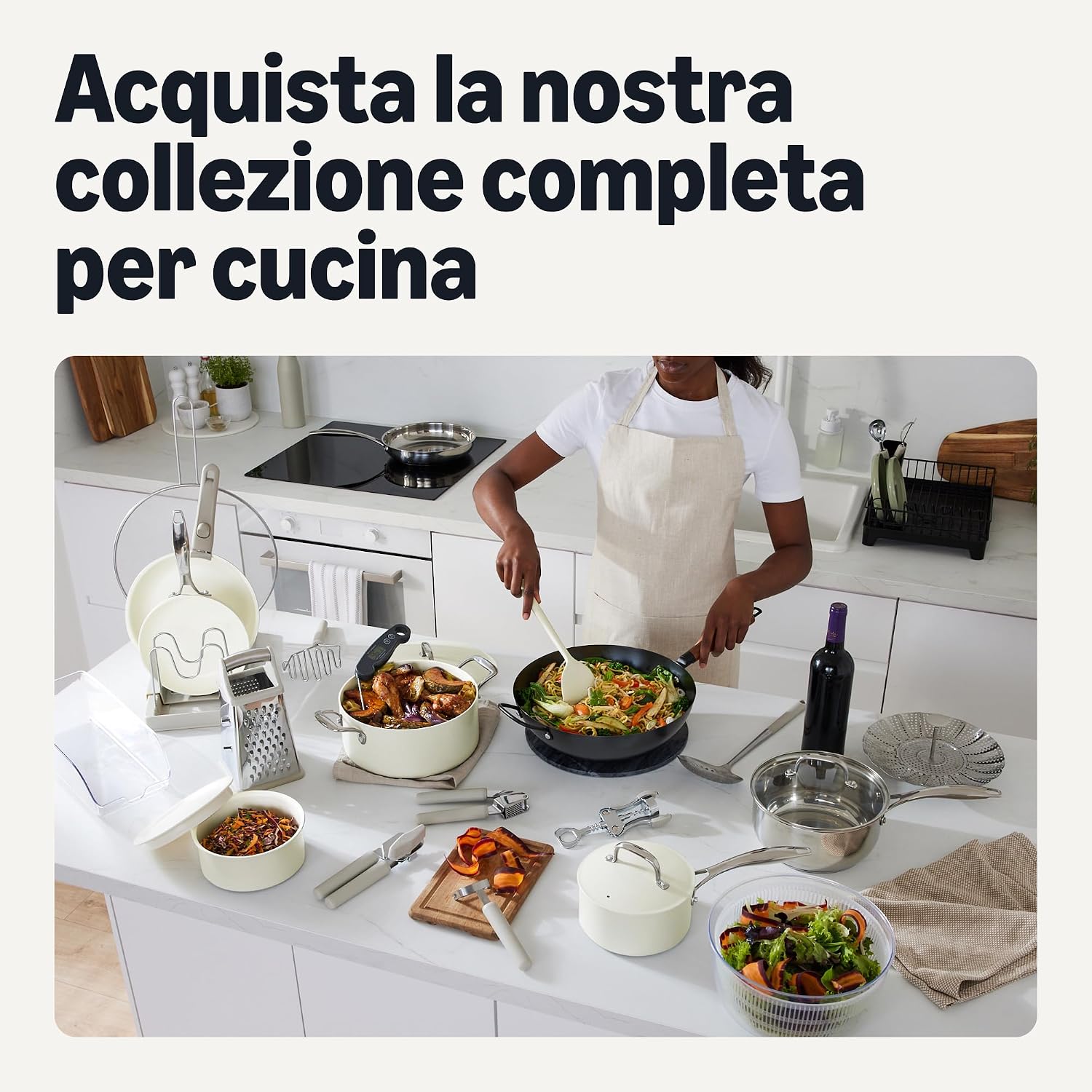 Detalle 2 de Amazon Basics Padelle Antiaderenti in Ceramica, Set 3 Pezzi (20/26/30 cm) — Avorio