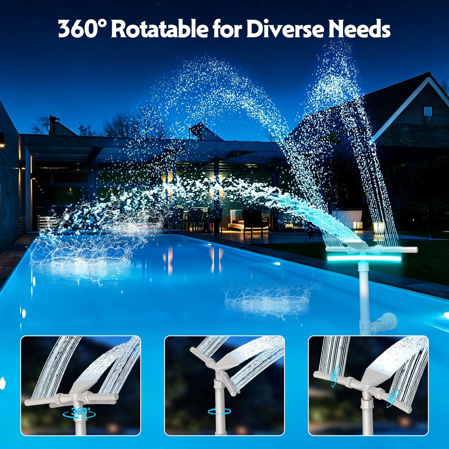 Detalle de Mooroer Fontaine de Piscine Solaire Tête 2 en 1 : cascade réglable, LED 9 couleurs et télécommande