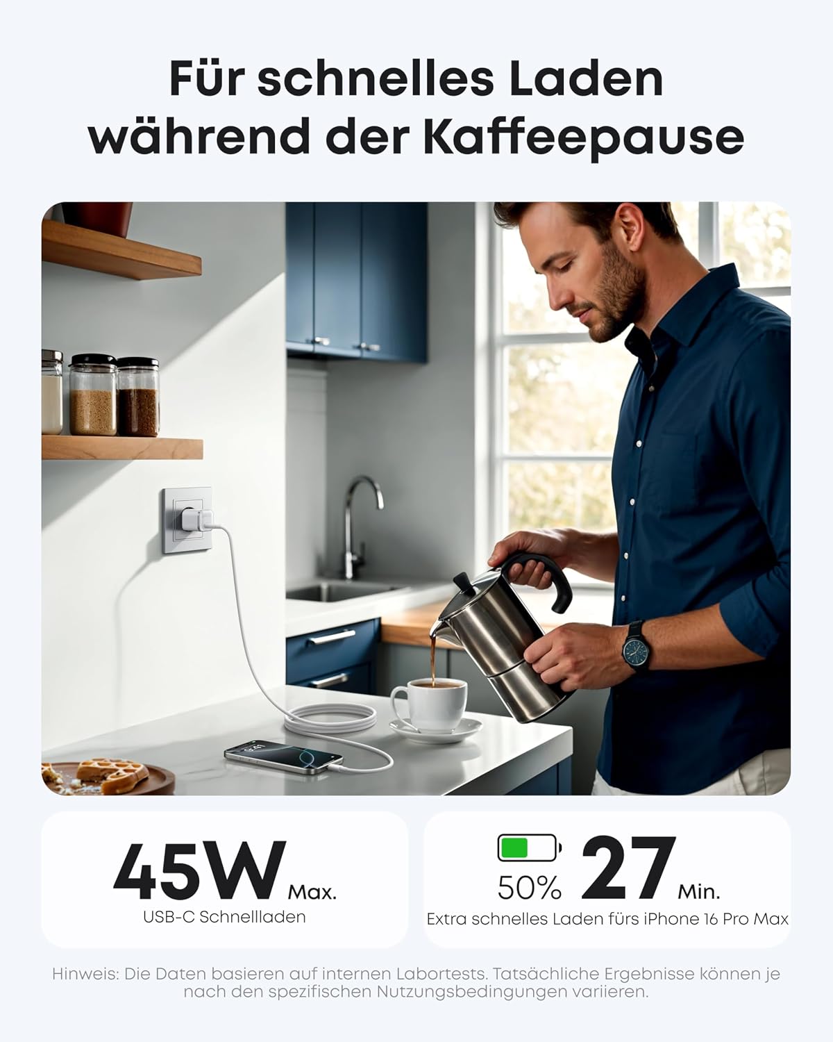Detalle 2 de Anker Nano 45W USB‑C Ladegerät (kompaktes Netzteil) inkl. 1,8 m USB‑C Kabel – Schnellladen für iPhone, iPad, MacBook & mehr
