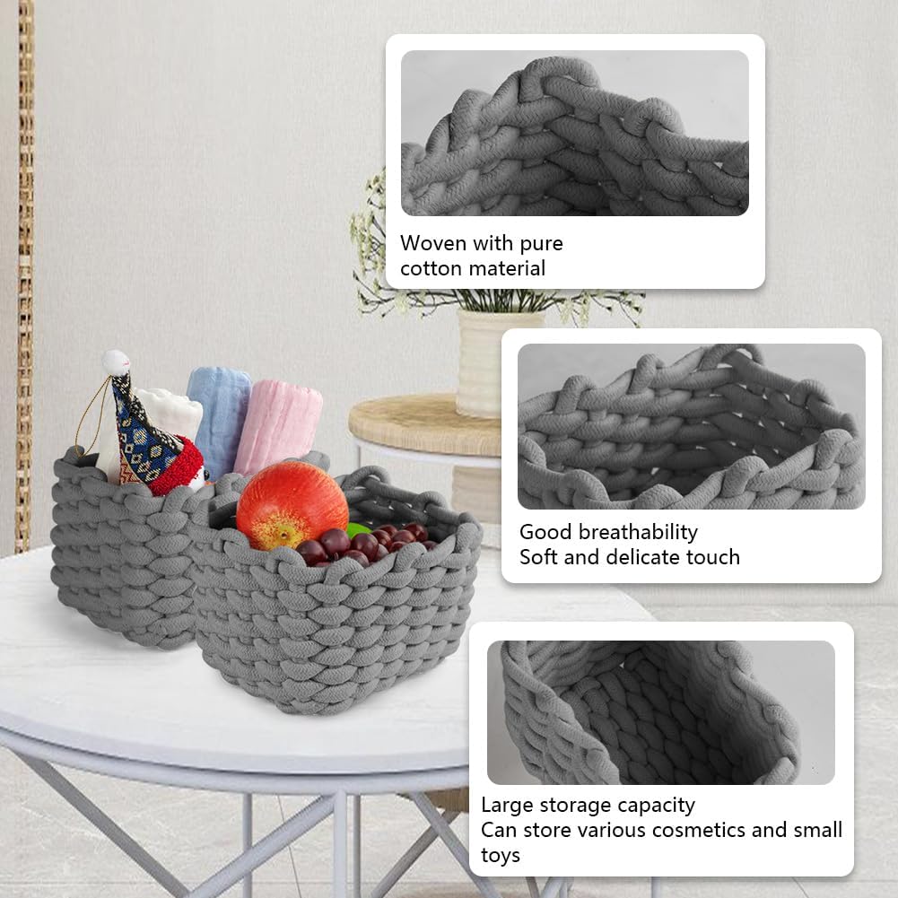 Detalle de Aolso Panier Rangement, 2 Panier en Corde de Coton Gris – Rangement Élégant pour Salle de Bain et Plus