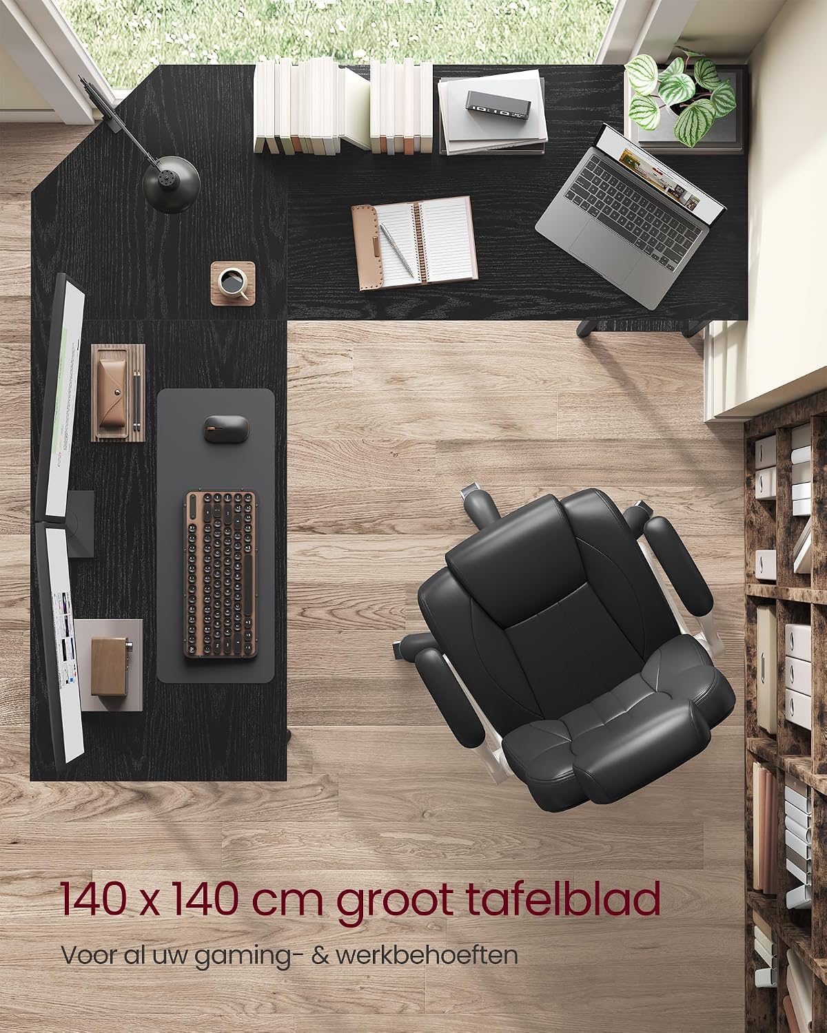Detalle de VASAGLE BARNET LWD072B56 L-hoekbureau met 2 planken, zwart, 138 x 138 cm