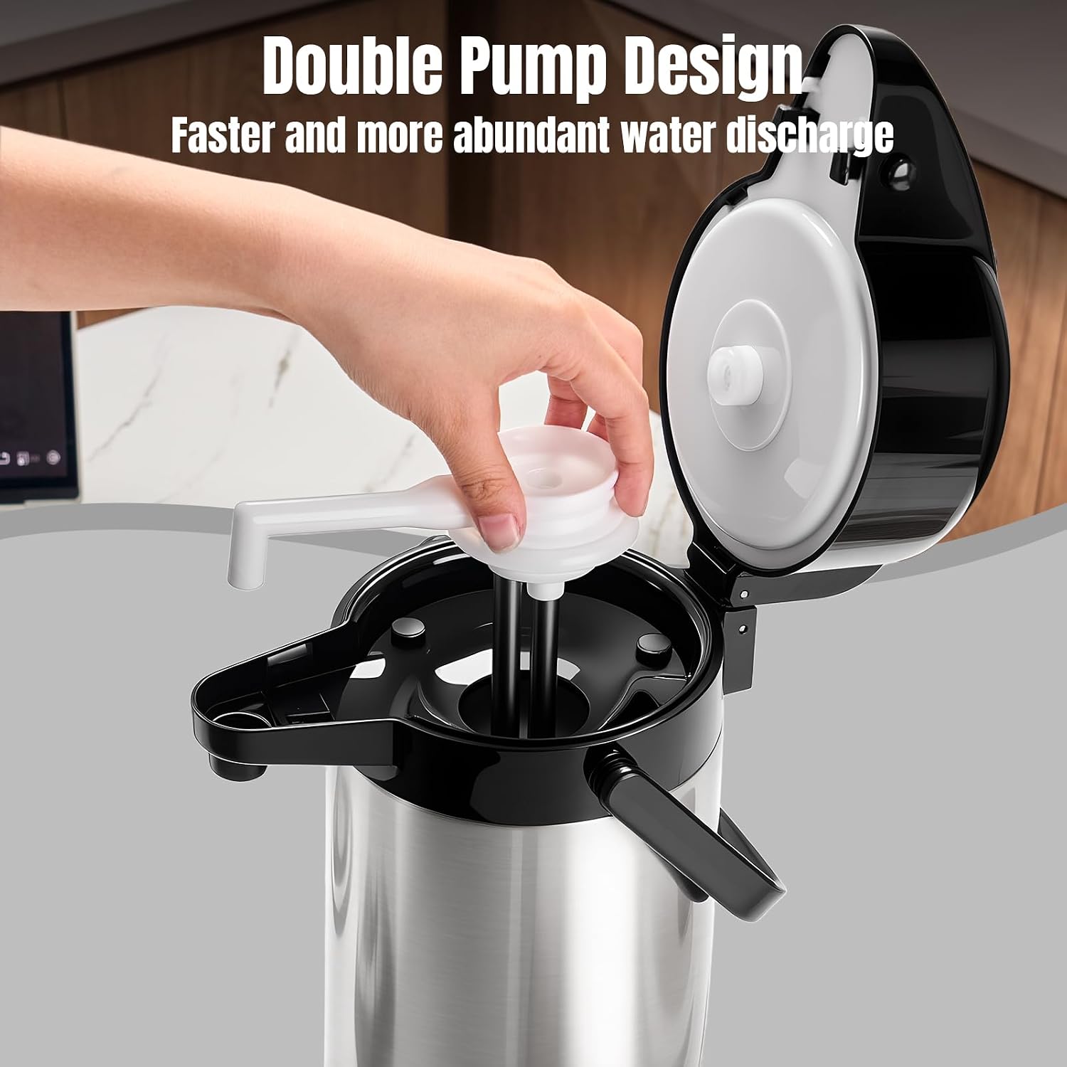 Detalle de Ratrabas Upgraded Airpot Coffee Carafe with Double Pump (84oz/2.5L) — Triple-Function Thermal Dispenser