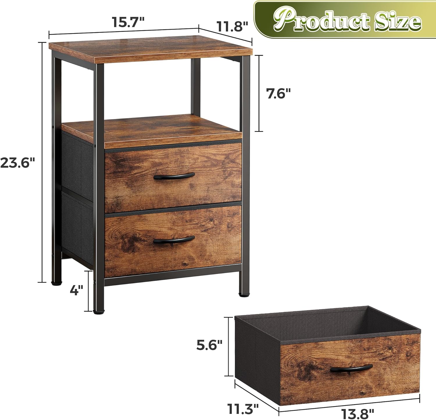 Detalle de Huuger Night Stand Set 2: 2-Drawer Bedside Table with Open Shelf in Rustic Brown