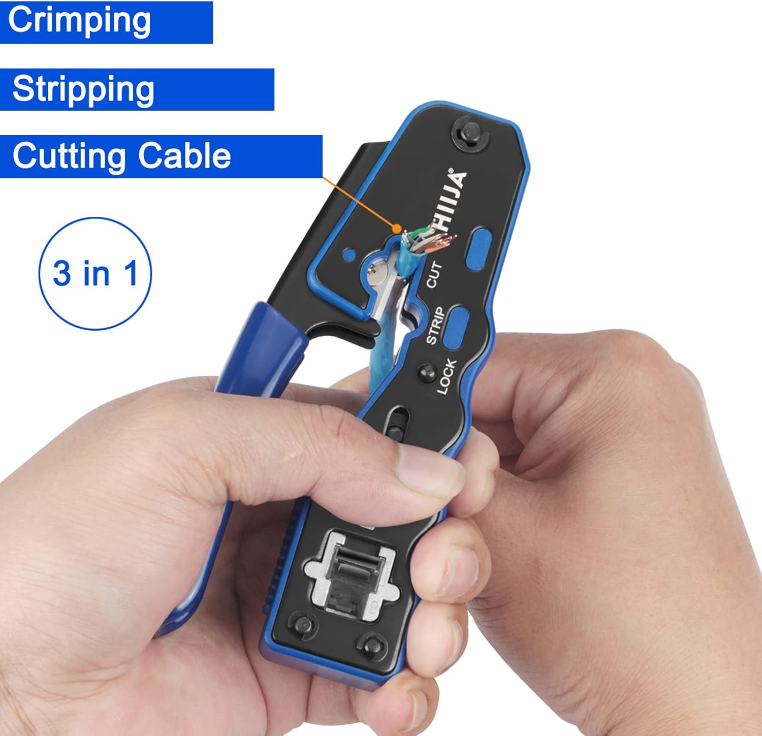 Thumbnail 1 de Hiija pinza crimpatrice RJ45 passante 8P8C + kit per cavi LAN (Cat5, Cat5e, Cat6) con 50 connettori RJ45, coperture e tester