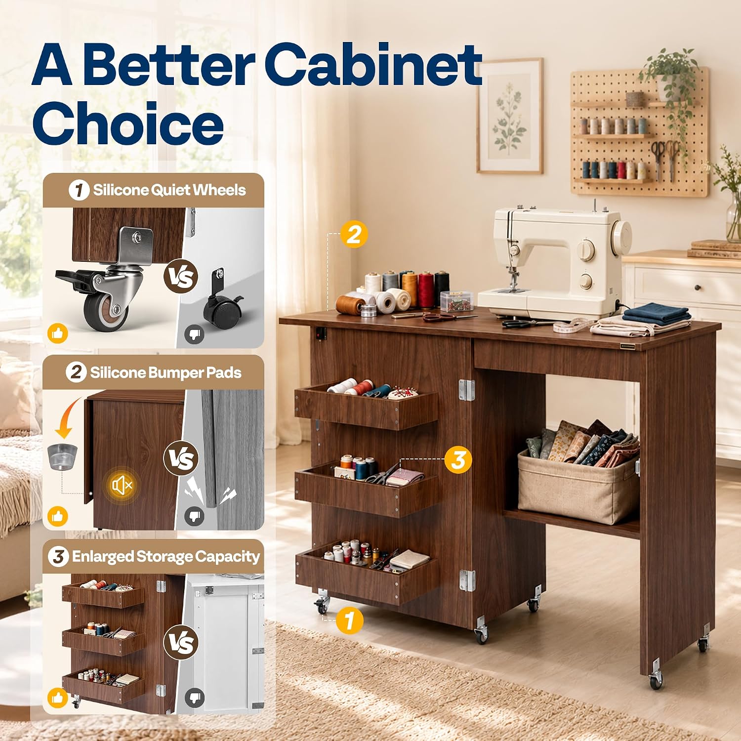 Detalle de VIVOHOME VH1080-WA Folding Sewing Table with Storage, Walnut