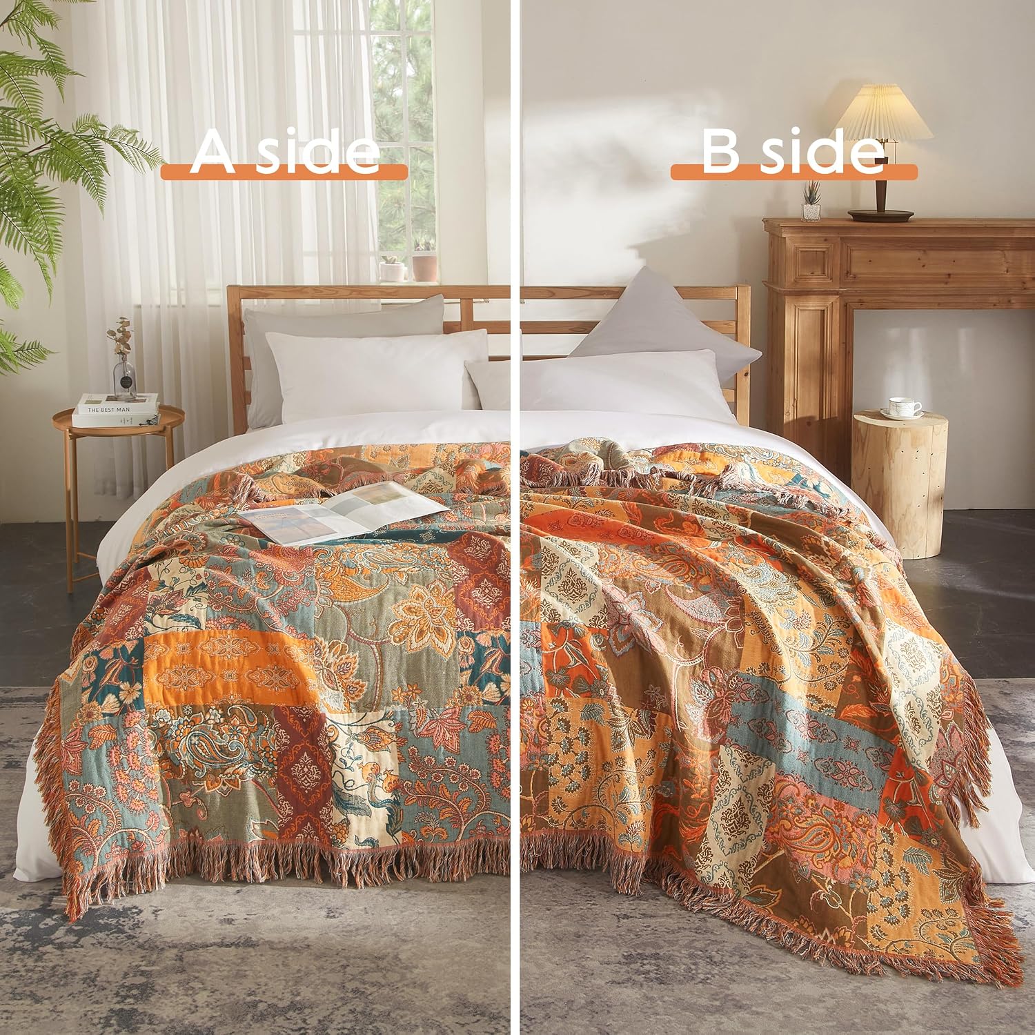 Detalle 2 de SE SOFTEXLY Boho Throw Blanket, Queen Size 80” x 90”, 4-Layer Cotton Muslin