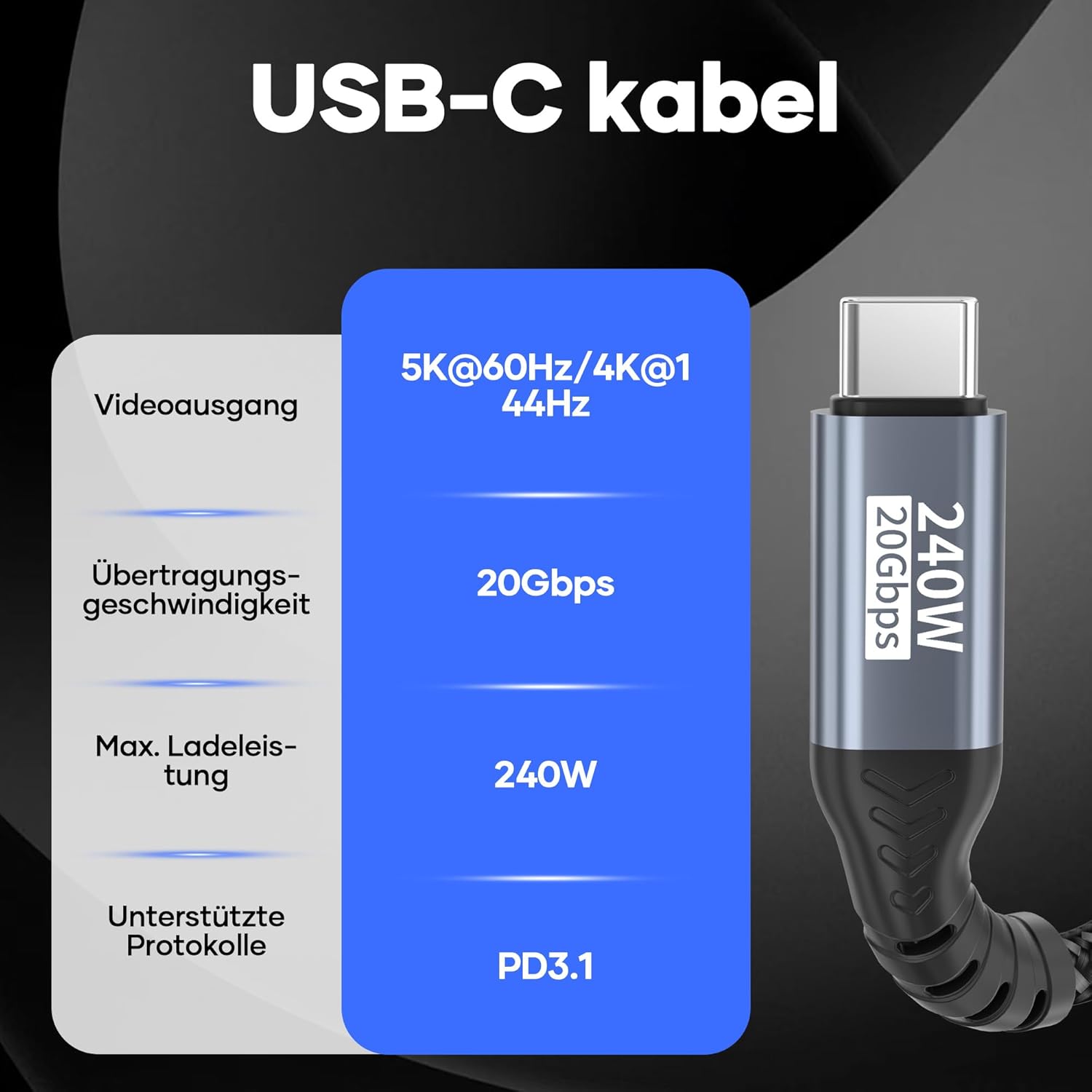 Thumbnail 5 de USB C Datenkabel 2 m – 20 Gbps, 4K@144Hz/5K@60Hz, PD3.1 bis 240W