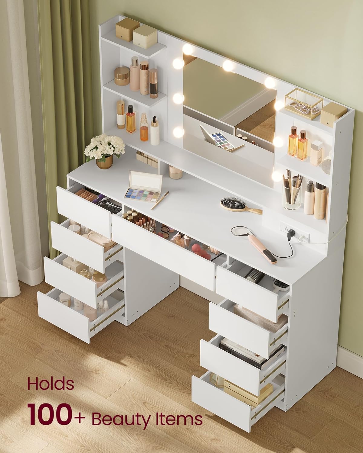 Detalle 2 de VASAGLE URDT141WB01S Vanity Desk with Mirror, Lights and 9 Drawers