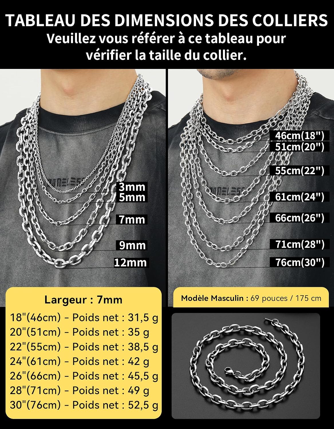 Detalle 2 de ChainsHouse - Collier en Acier Inoxydable Massif 316L, Chaine Homme/Femme, Longueurs 46–76 cm