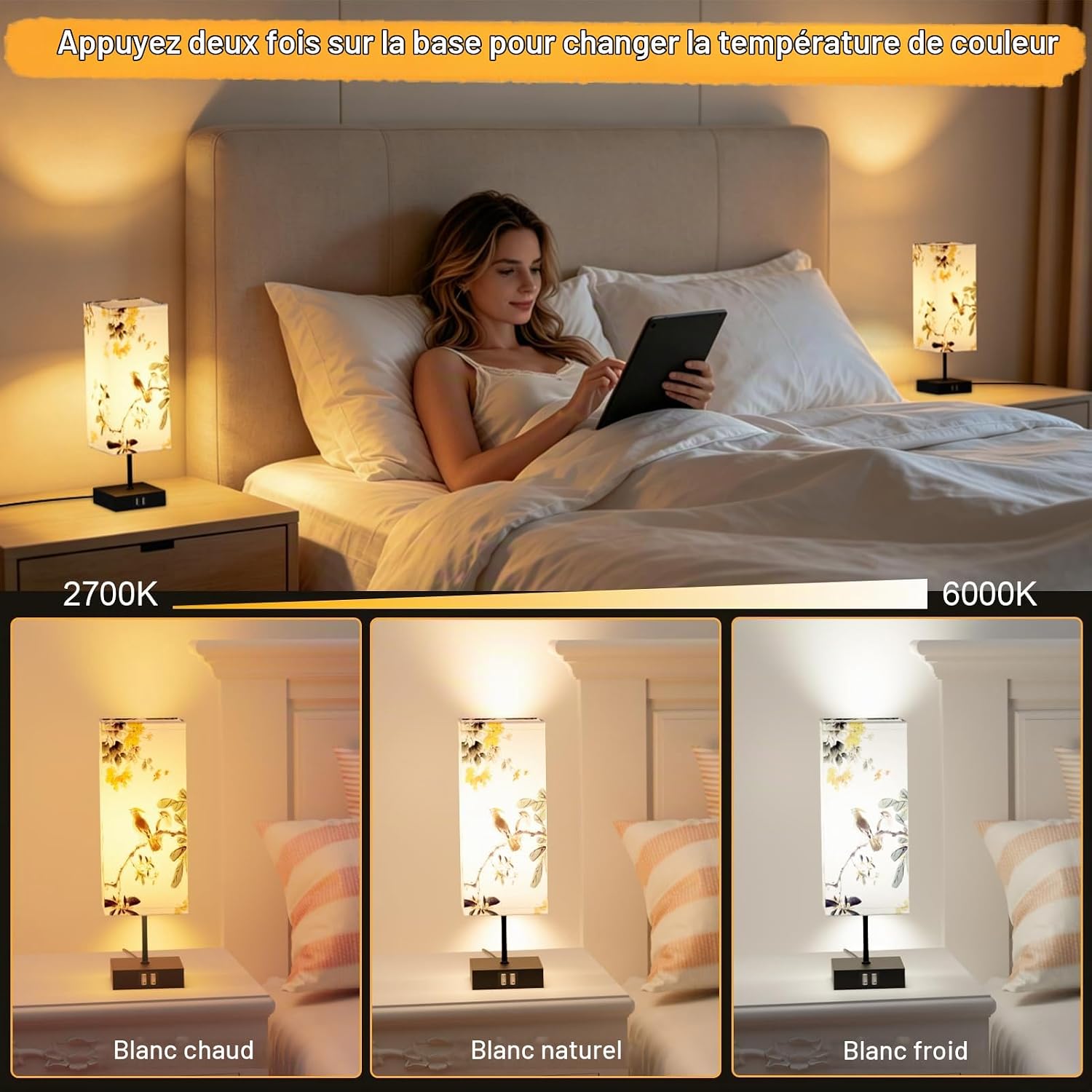 Detalle de Yeeklab lampe chevet tafellamp met touchscreen, 2 USB-poorten en 3 lichtkleuren