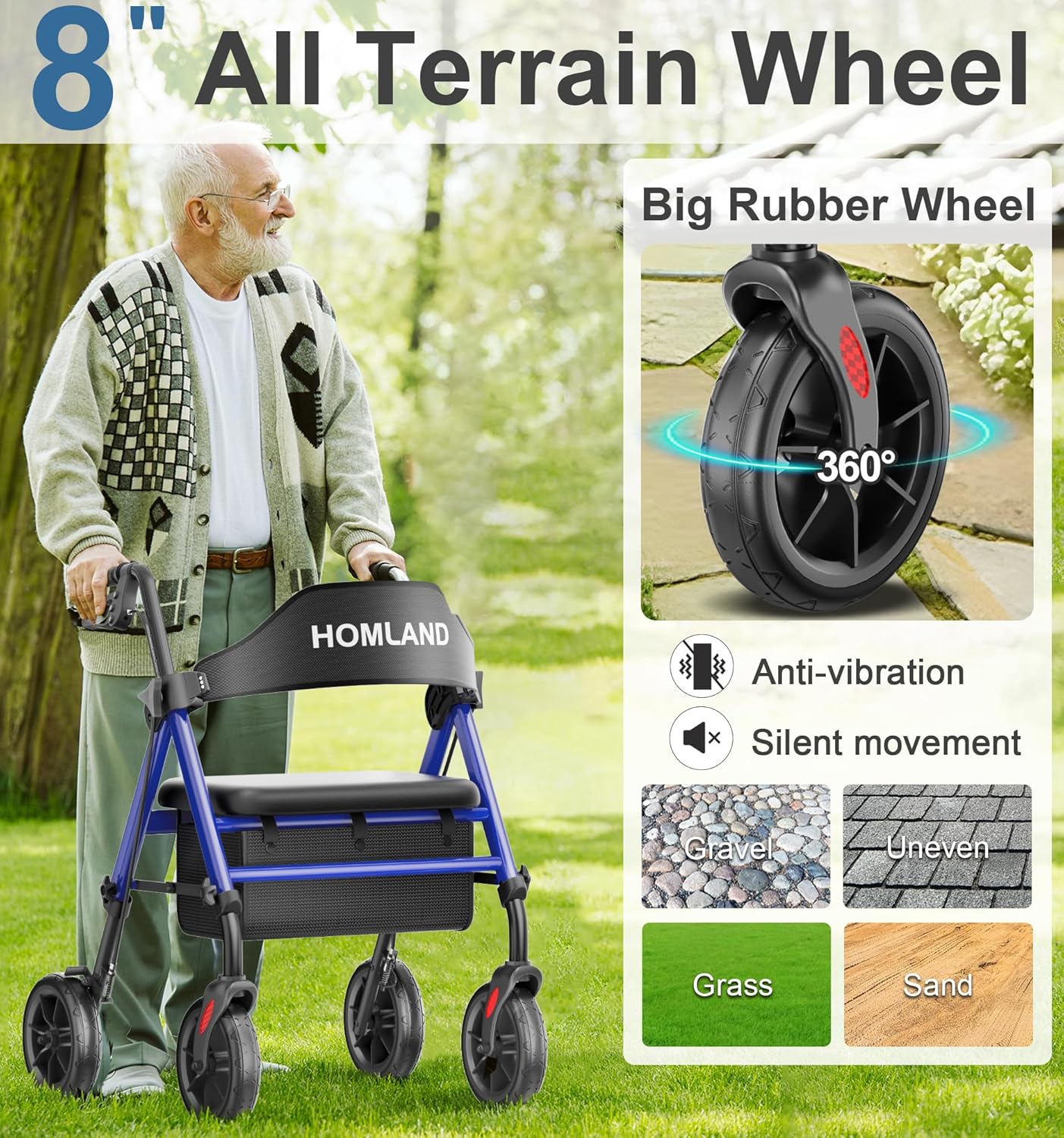 Detalle de HOMLAND Walkers for Seniors with Seat – Foldable rollator with 8" all-terrain wheels, height adjustment and cup holder