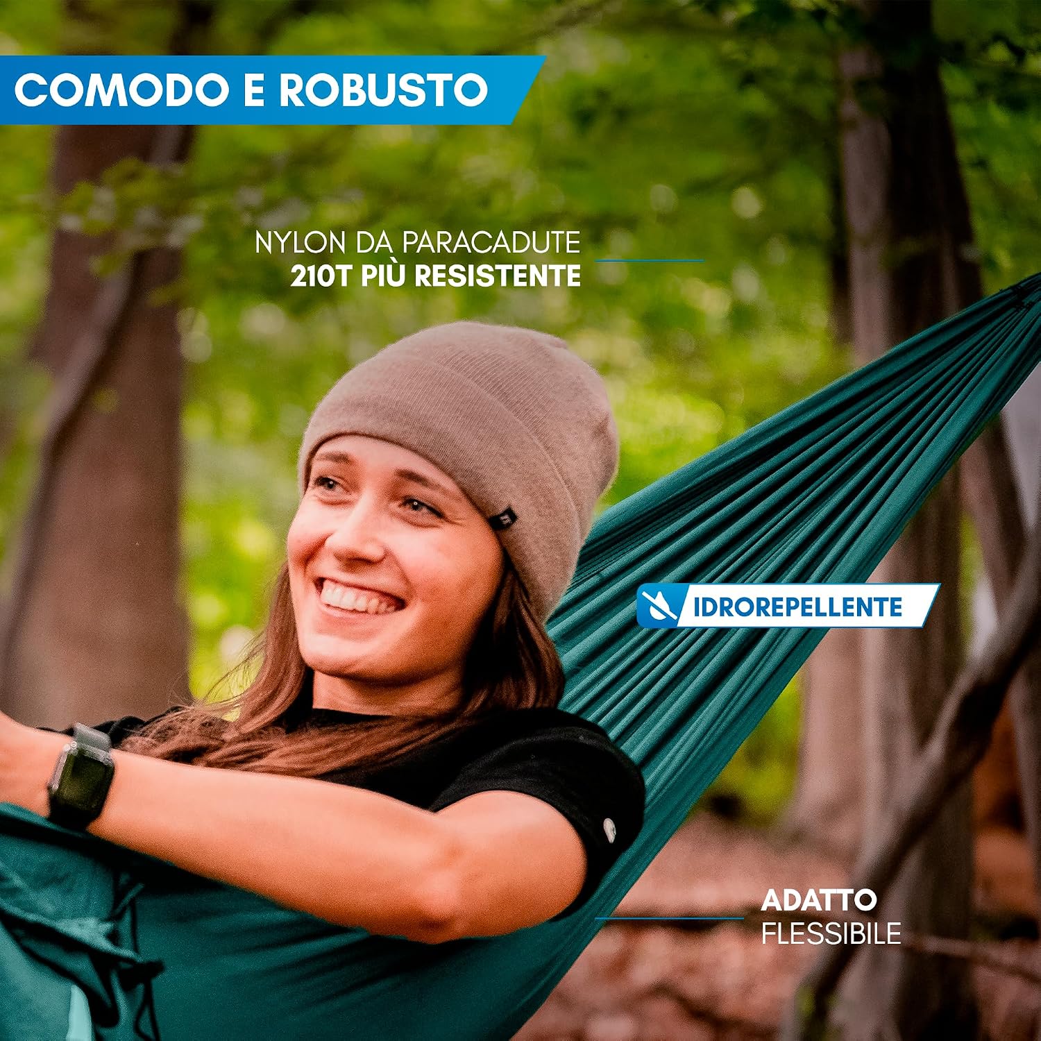 Thumbnail 2 de NORDMUT Amaca Ultralight Outdoor con Set di Fissaggi – Amaca da Campeggio 140 x 275 cm, Portata 300 kg, Blu