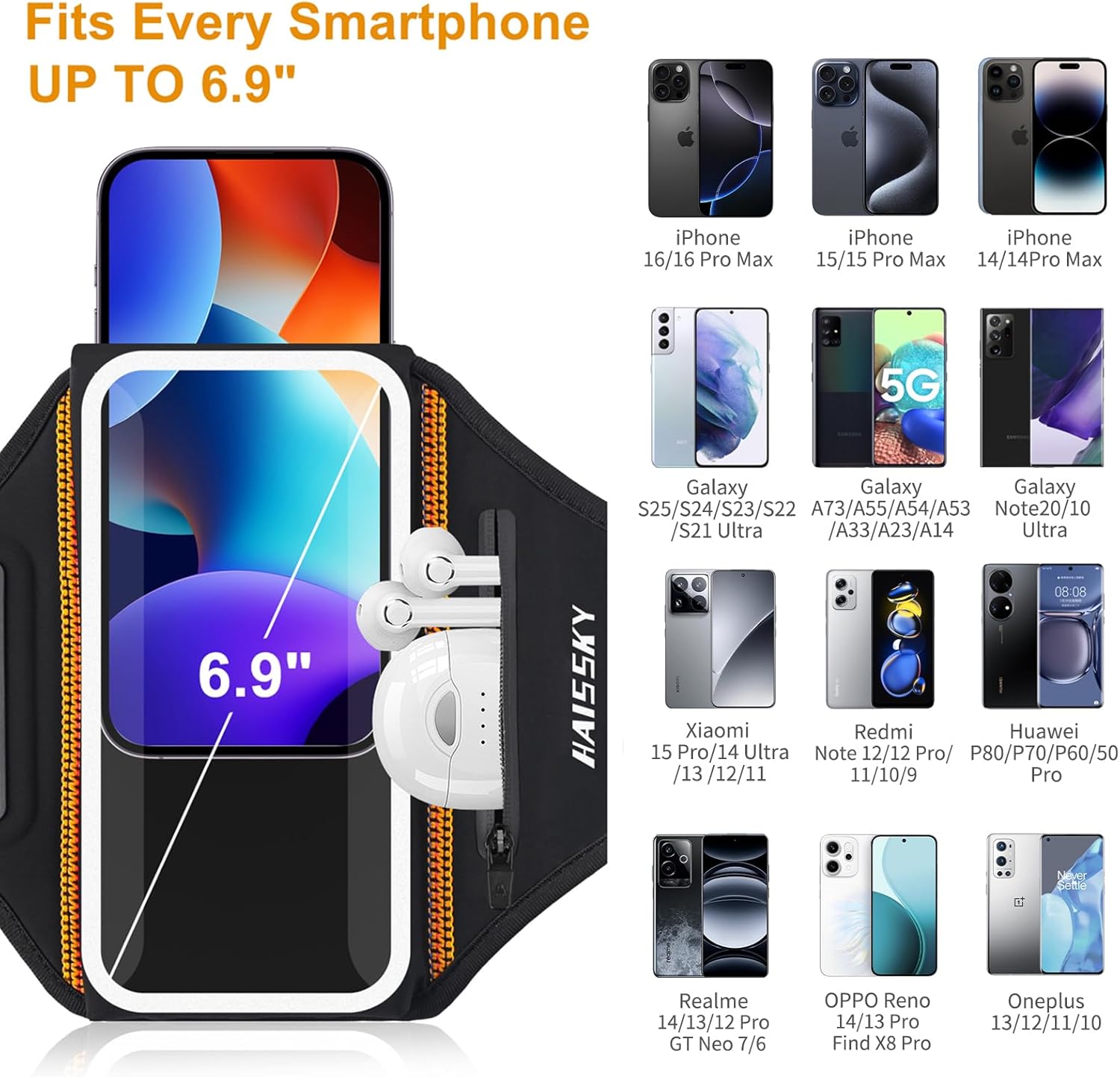 Detalle de Fascia da braccio sportiva con borsa auricolari e porta cellulare per smartphone fino a 6,9