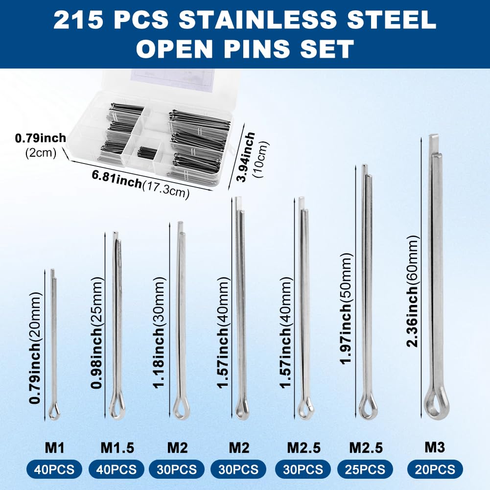 Detalle de 215 PCS Cotter Pins Assorted Kit: Durable Stainless Steel Split Pins in 7 Sizes