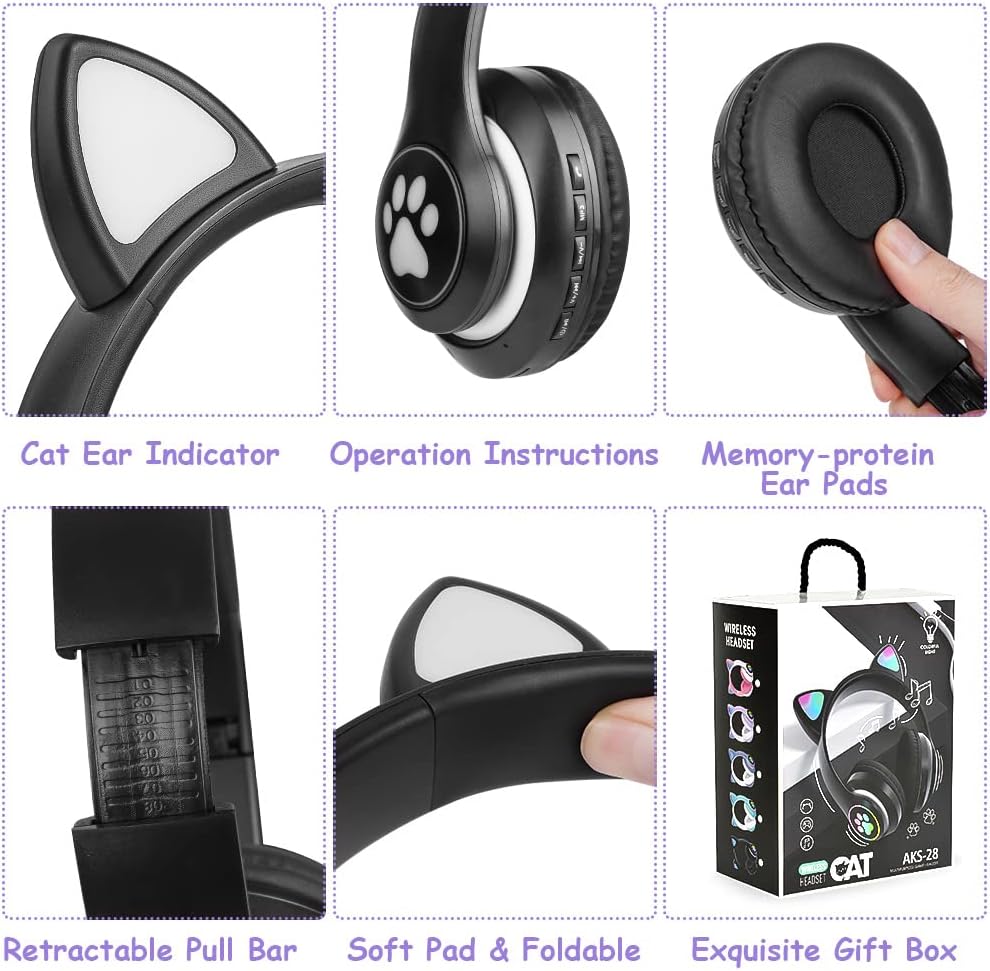 Thumbnail 5 de AXFEE Kinderkopfhörer Bluetooth mit Katzenohren, LED & Mikrofon – faltbare Over-Ear Stereo-Kopfhörer