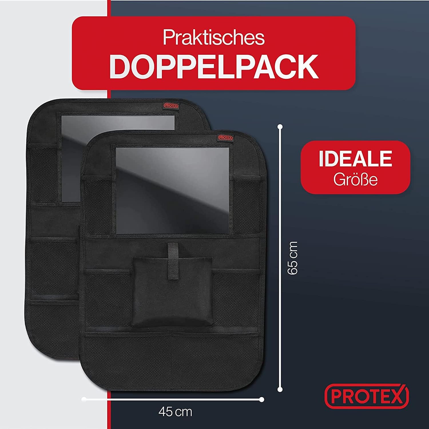 Detalle de PROTEX Rückenlehnenschutz Organizer – 2-in-1 Auto-Organizer mit Tabletfach, 45 × 65 cm, schwarz