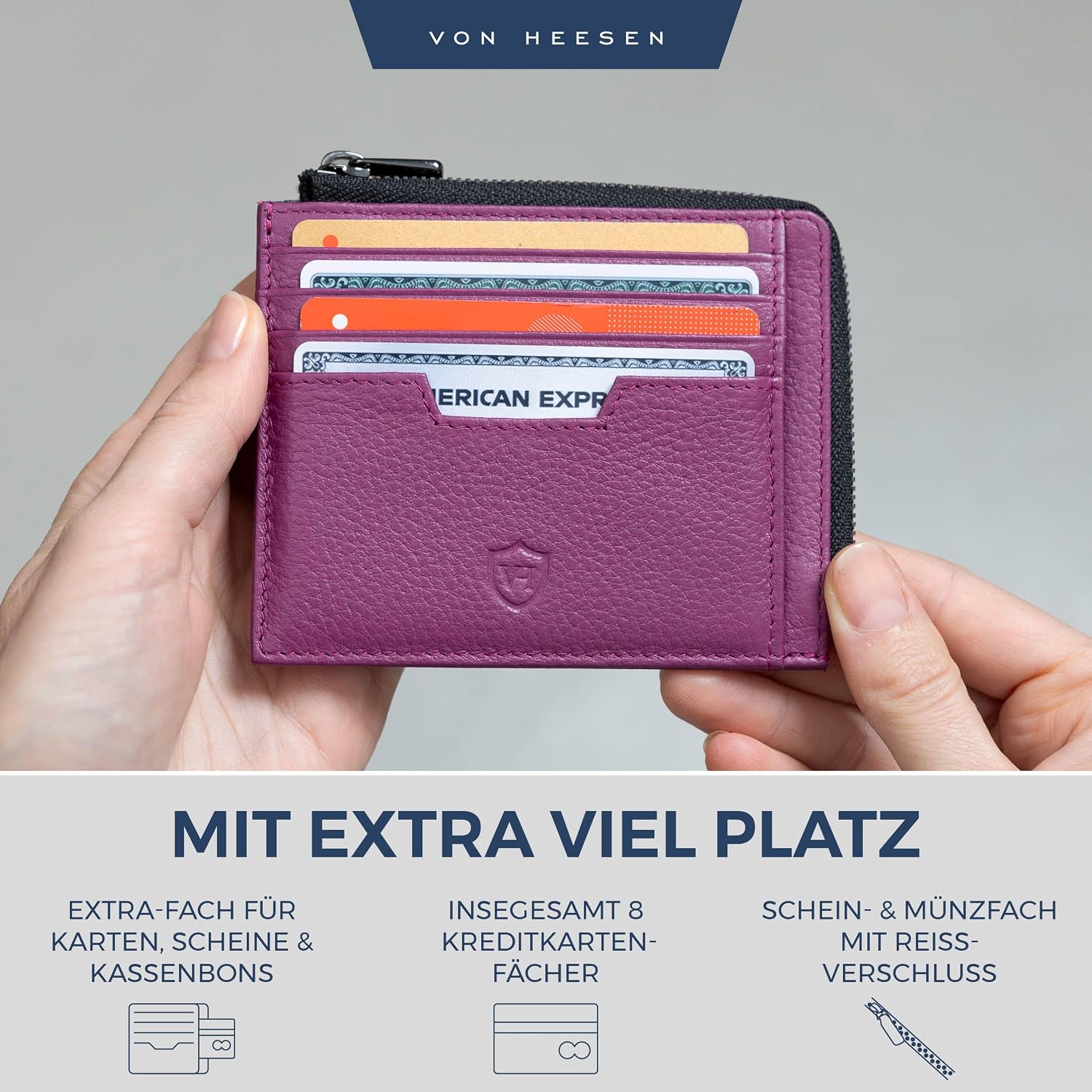Detalle de VON HEESEN Leder Kartenetui Geldbörse für Herren & Damen (Medium, Pink)