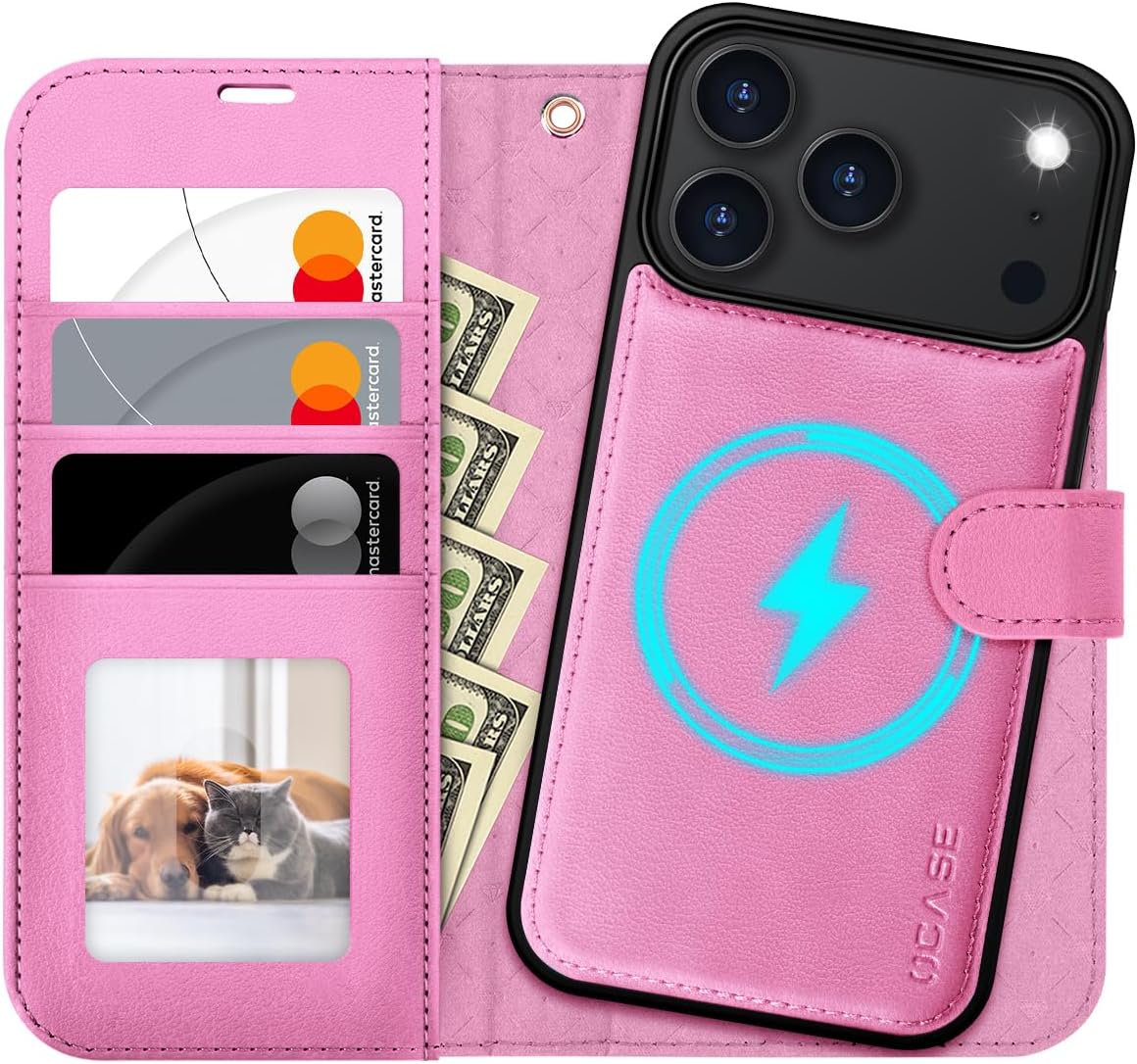 Detalle de OCASE Handyhülle für iPhone 17 Pro – abnehmbare 2-in-1 Magnet-Klapphülle mit Kartenfach, RFID und Standfunktion (Rosa)