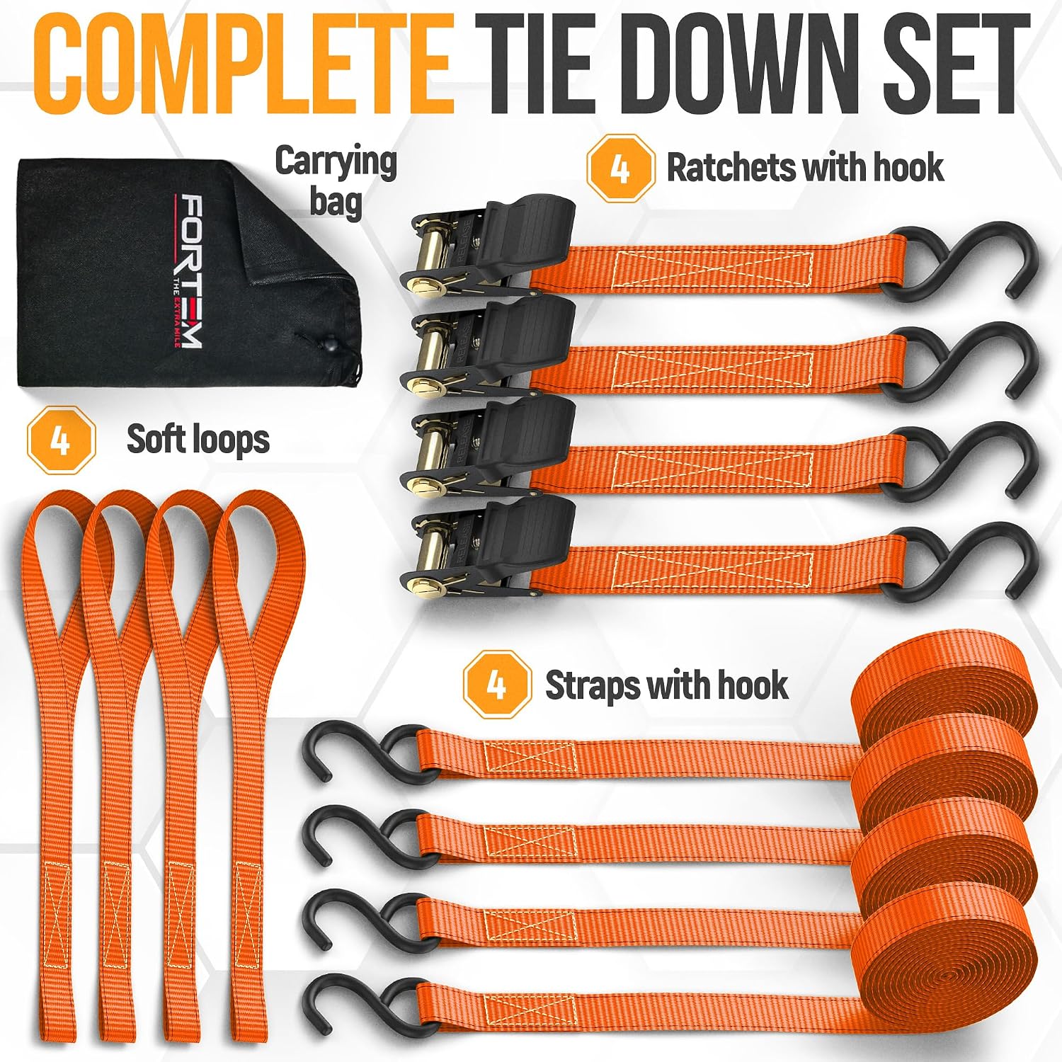 Thumbnail 5 de FORTEM Ratchet Straps 748kg Break Strength, 4 Pack (4.6m x 2.54cm) with Soft Loops and Carry Bag