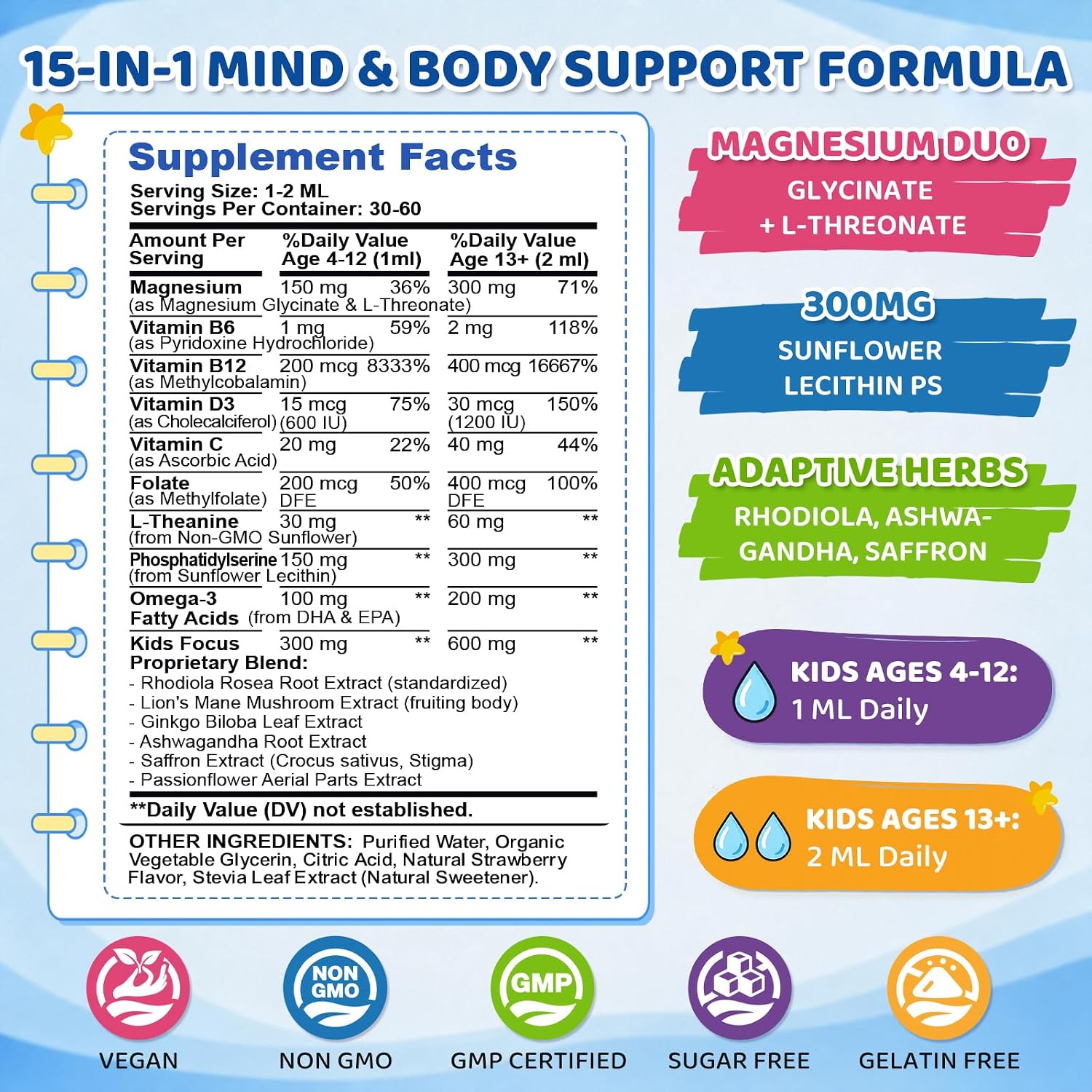 Detalle 2 de CNCHEF Kids Focus and Attention Liquid Drops with Phosphatidylserine, Magnesium and Omega-3