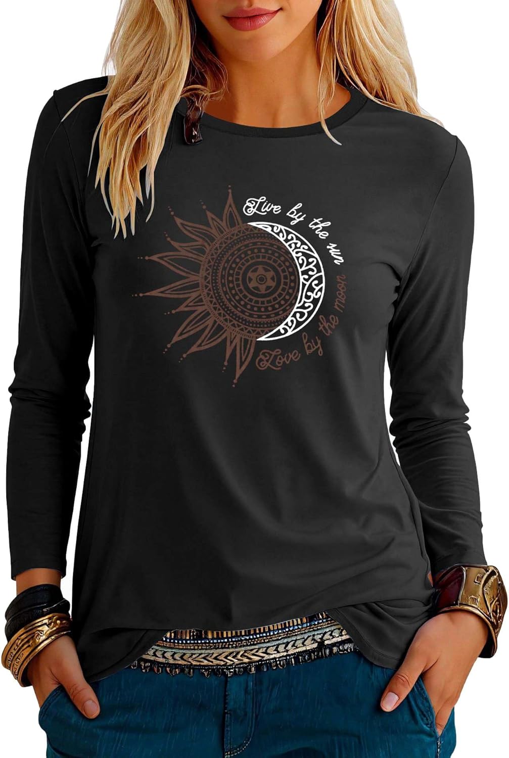 Detalle de Teesho Damenblusen Sommer Shirt – Luftiger Bio-Stoff, V-Ausschnitt, Langarm mit Druck