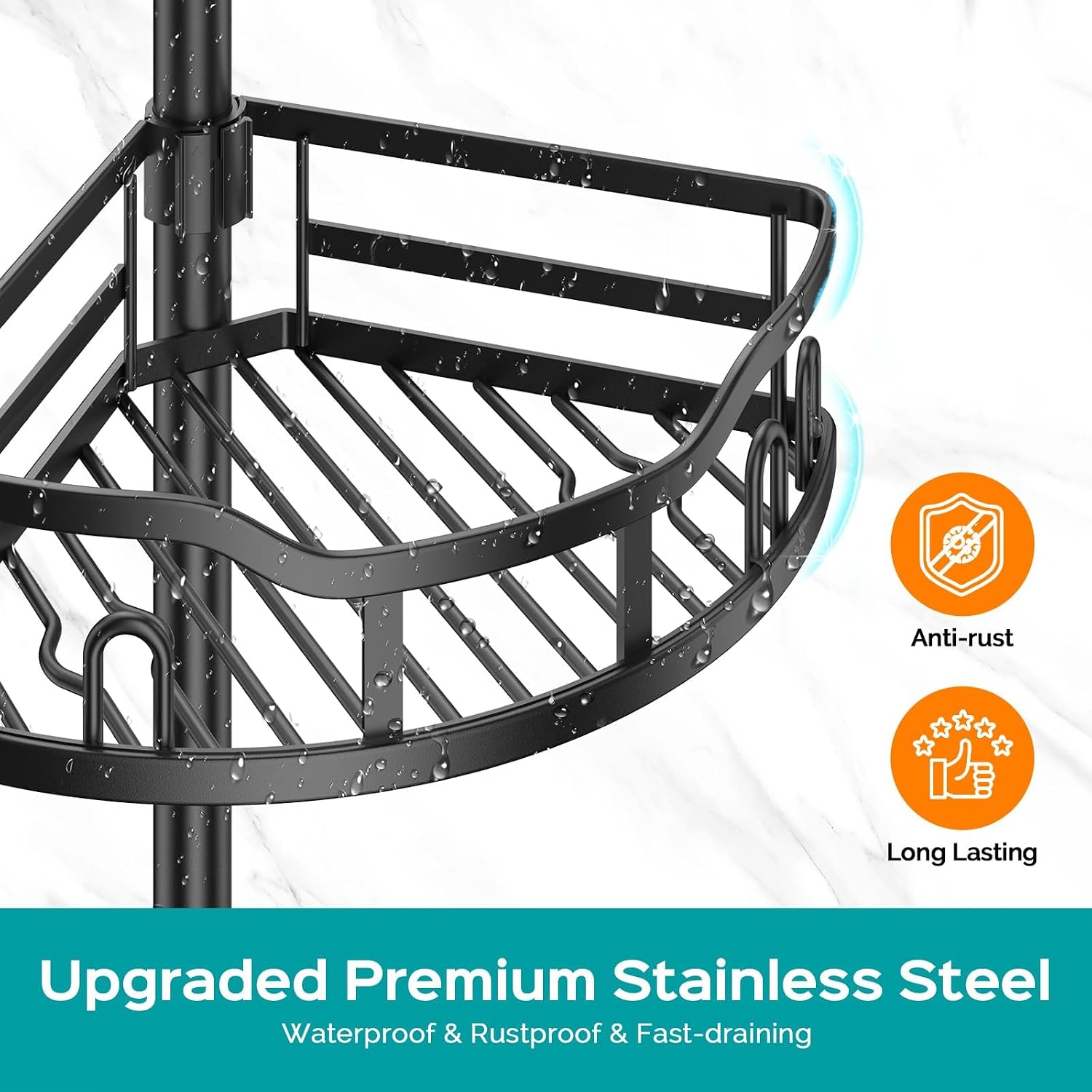 Detalle 2 de HAMITOR SCT05 Corner Shower Caddy, 4-Tier Adjustable Tension Pole, Black