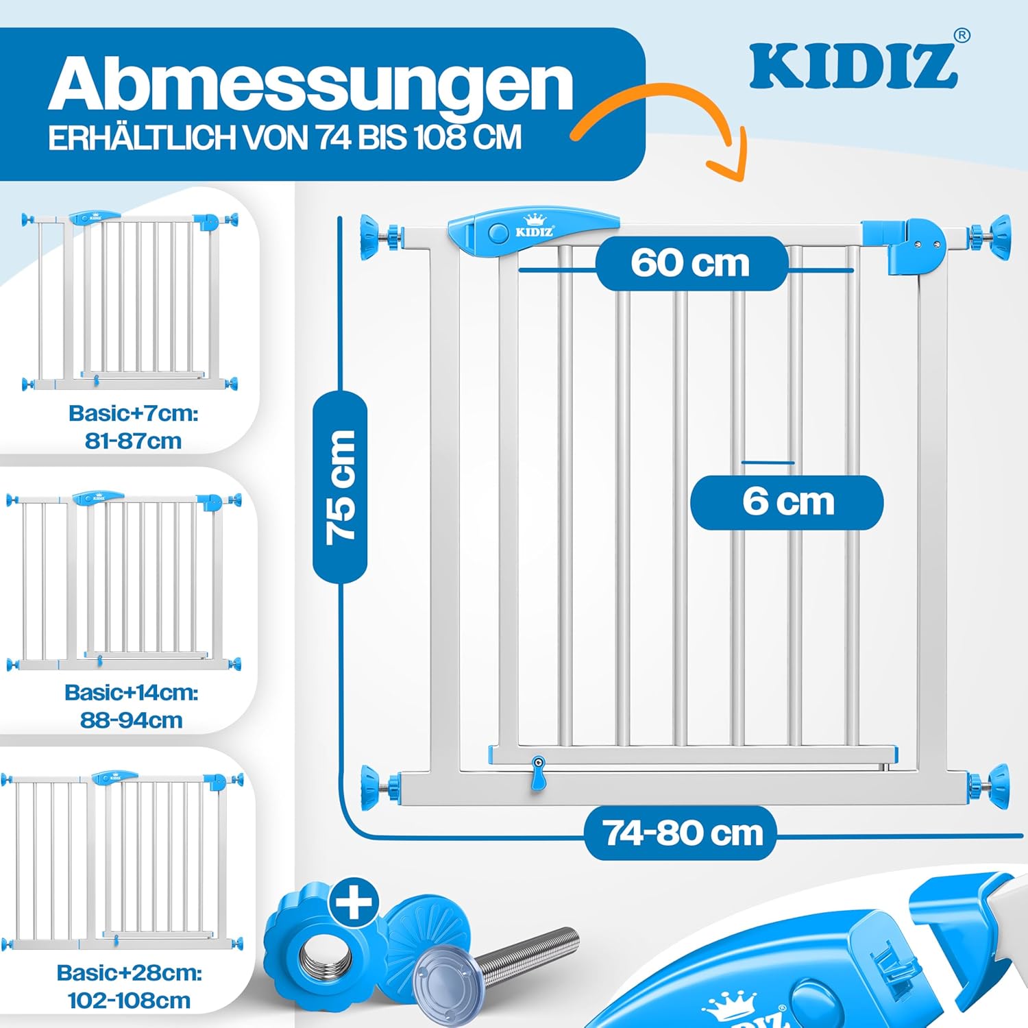Thumbnail 1 de KIDIZ Treppenschutzgitter ohne Bohren – Verstellbare Breite 74–80 cm, 75 cm hoch, Türschutzgitter für Kinder und Hunde