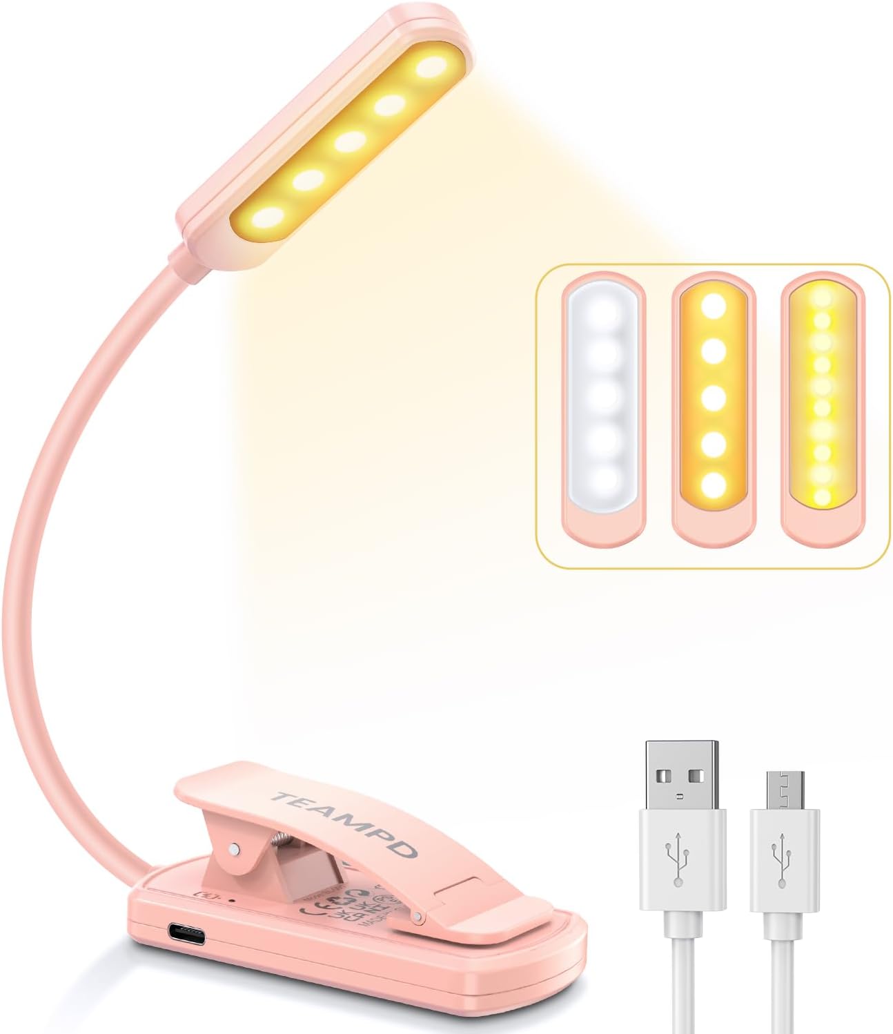 Detalle de TEAMPD boeklamp met clip, 10 leds, 3 lichtstanden en USB-oplaadbare accu
