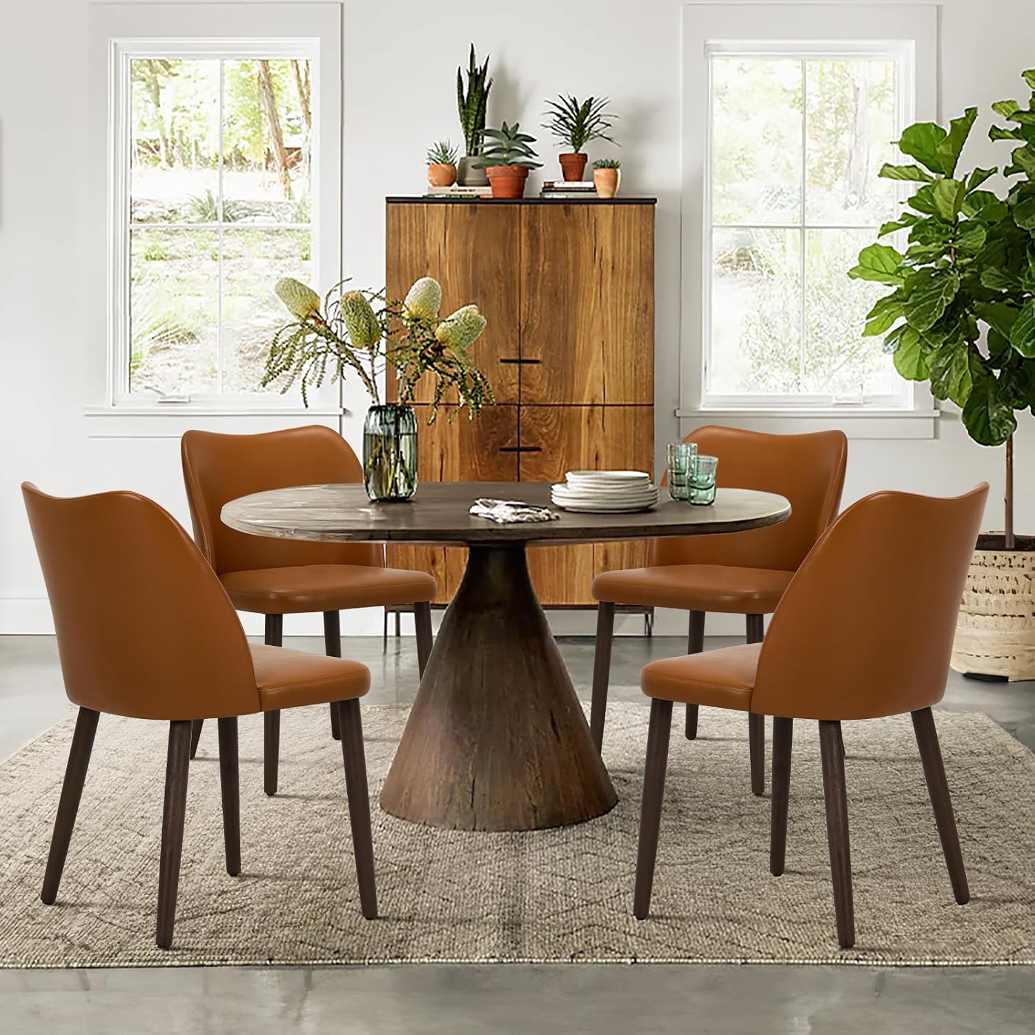 Detalle de COLAMY Upholstered Dining Chairs, Set of 4, Light Brown Faux Leather