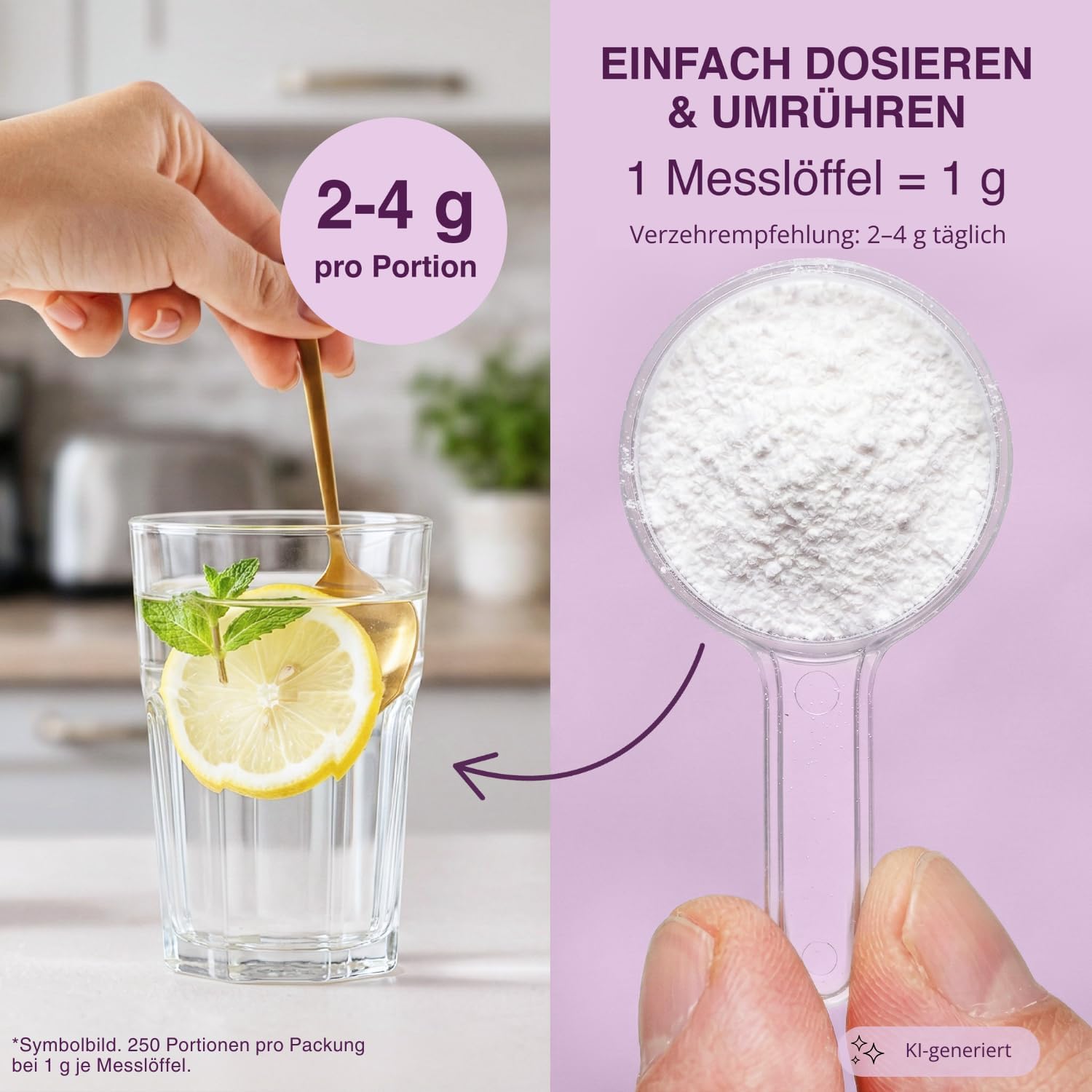 Detalle de Myo-Inositol Pulver 250 g (100% reines Myo-Inositol) – 4.000 mg pro Portion, vegan & geschmacksneutral inkl. Dosierlöffel
