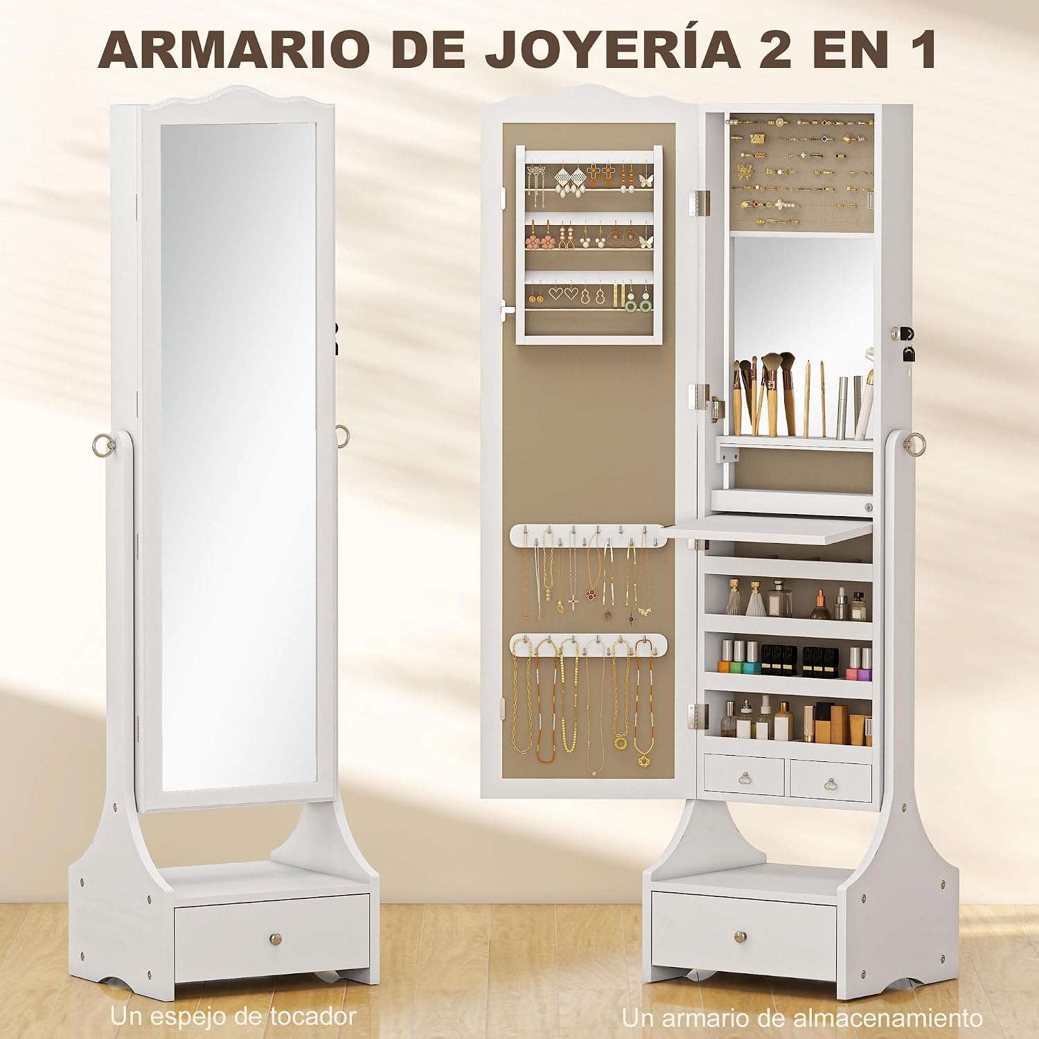 Detalle de HOMCOM Espejo Joyero con Luces LED, Cajones y Cerradura Blanc/Beige
