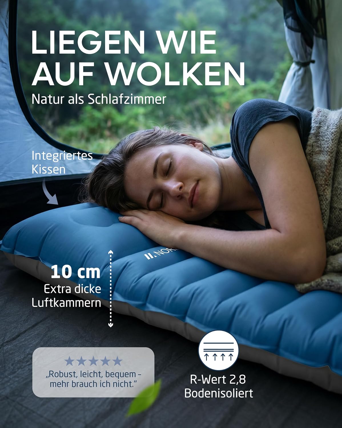 Detalle 2 de NORDMUT Isomatte Schnellaufblasend mit integrierter Fußpumpe 10 cm – ultrakomfortable Campingmatratze