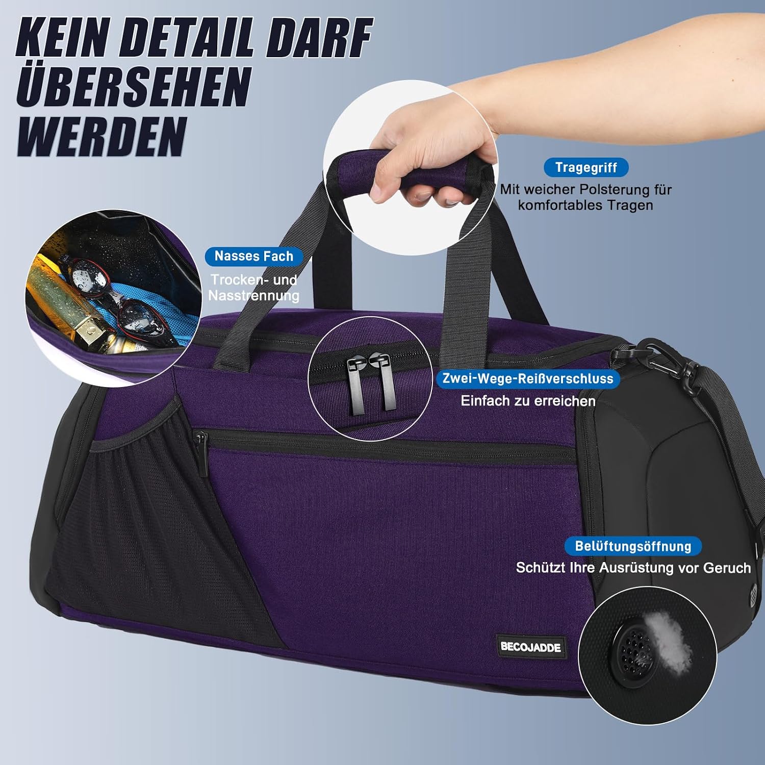 Detalle 2 de BECOJADDE 40L Sporttasche Herren – Vielseitiger Gymnastikrucksack mit Schuhfach, Nassfach und Laptopfach