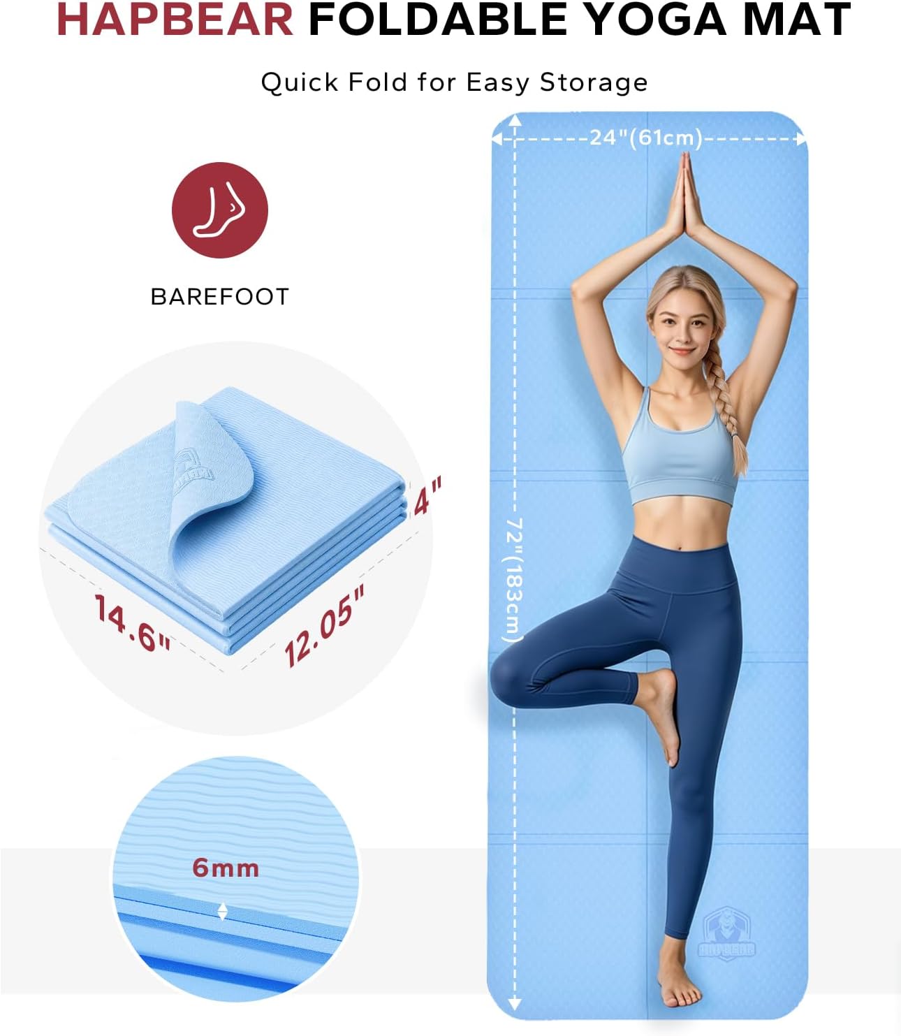 Thumbnail 1 de HAPBEAR HB-YM11 Foldable Yoga Mat, 6mm TPE, Dual-Sided Non-Slip Grip