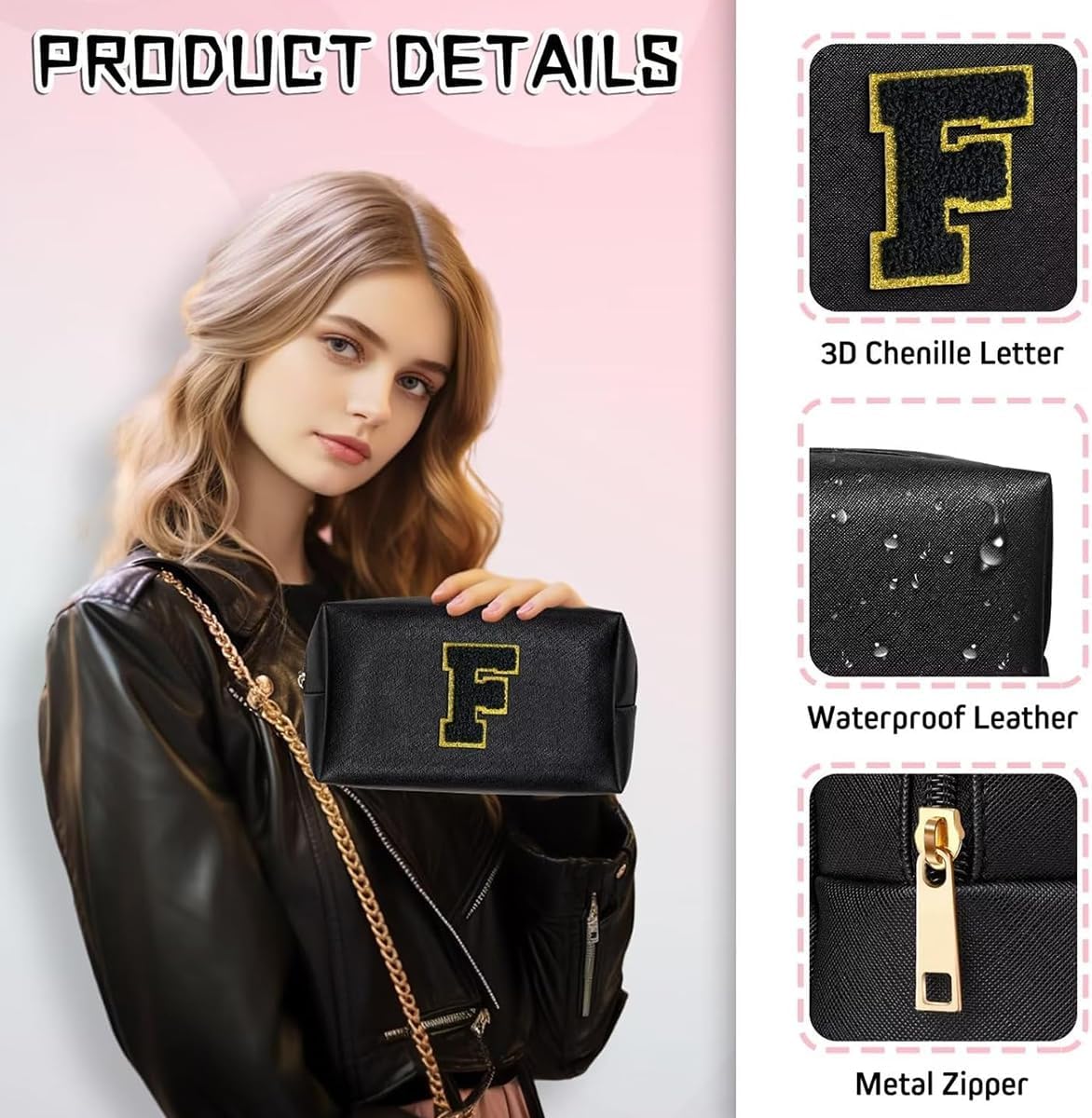 Thumbnail 3 de Anntry Small Personalised Initial Letter Makeup Bag – Pink PU Leather with Gold Chenille Patch
