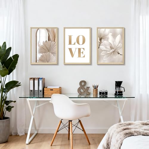 Detalle de 3 Pcs Boho Amor Beige en Lona con Marco – Cuadros Decoración Modernos (40x60 cm) FajerminArt