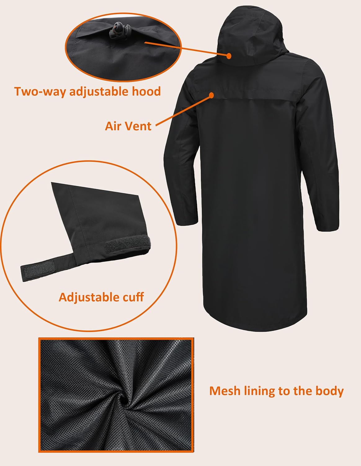 Detalle de NORDIC OUTLAND Men’s Waterproof Rain Jacket – 2-layer TPU membrane hooded long raincoat